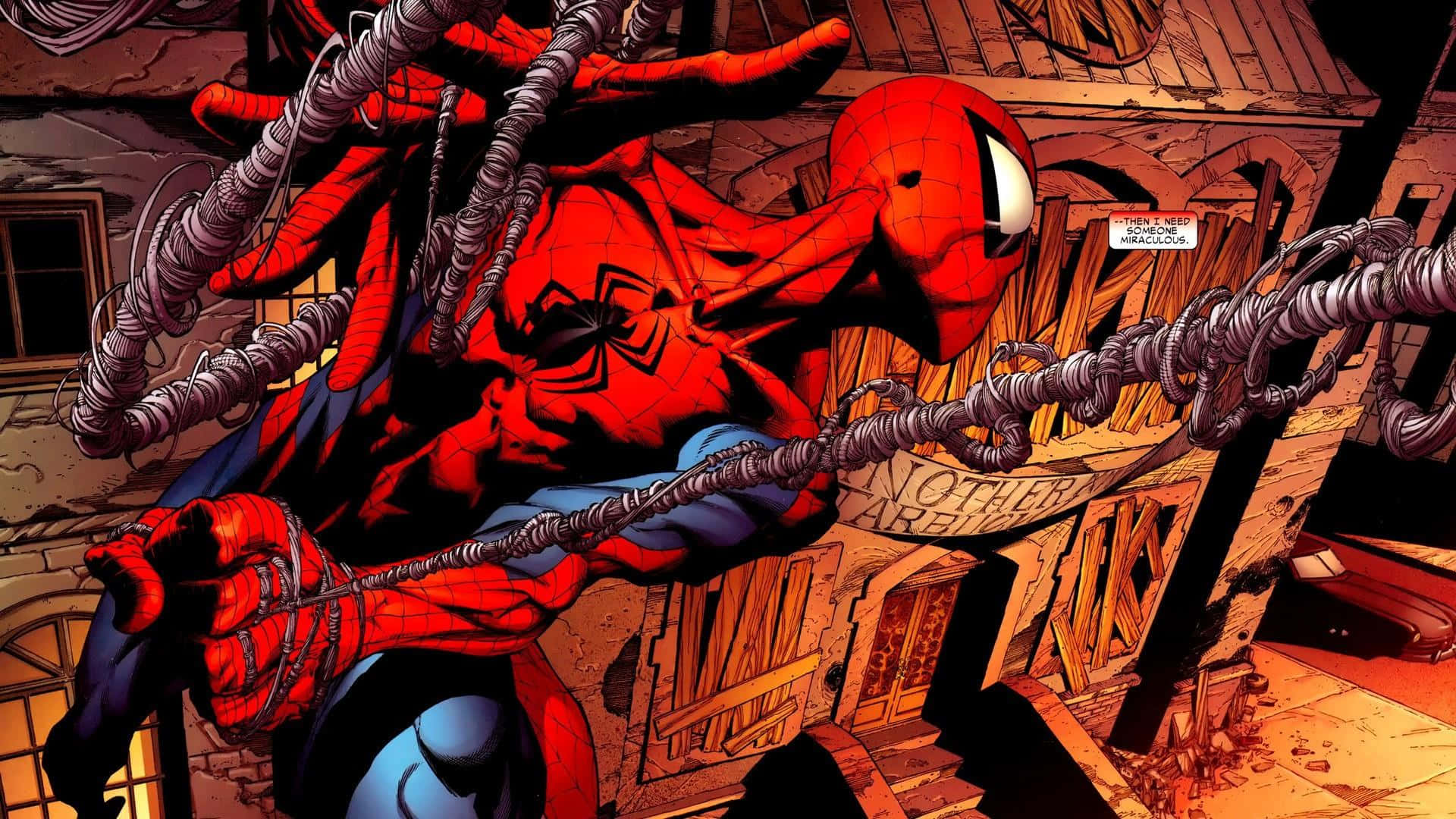 Spider Man Is Hanging From A Rope In A Comic Book
