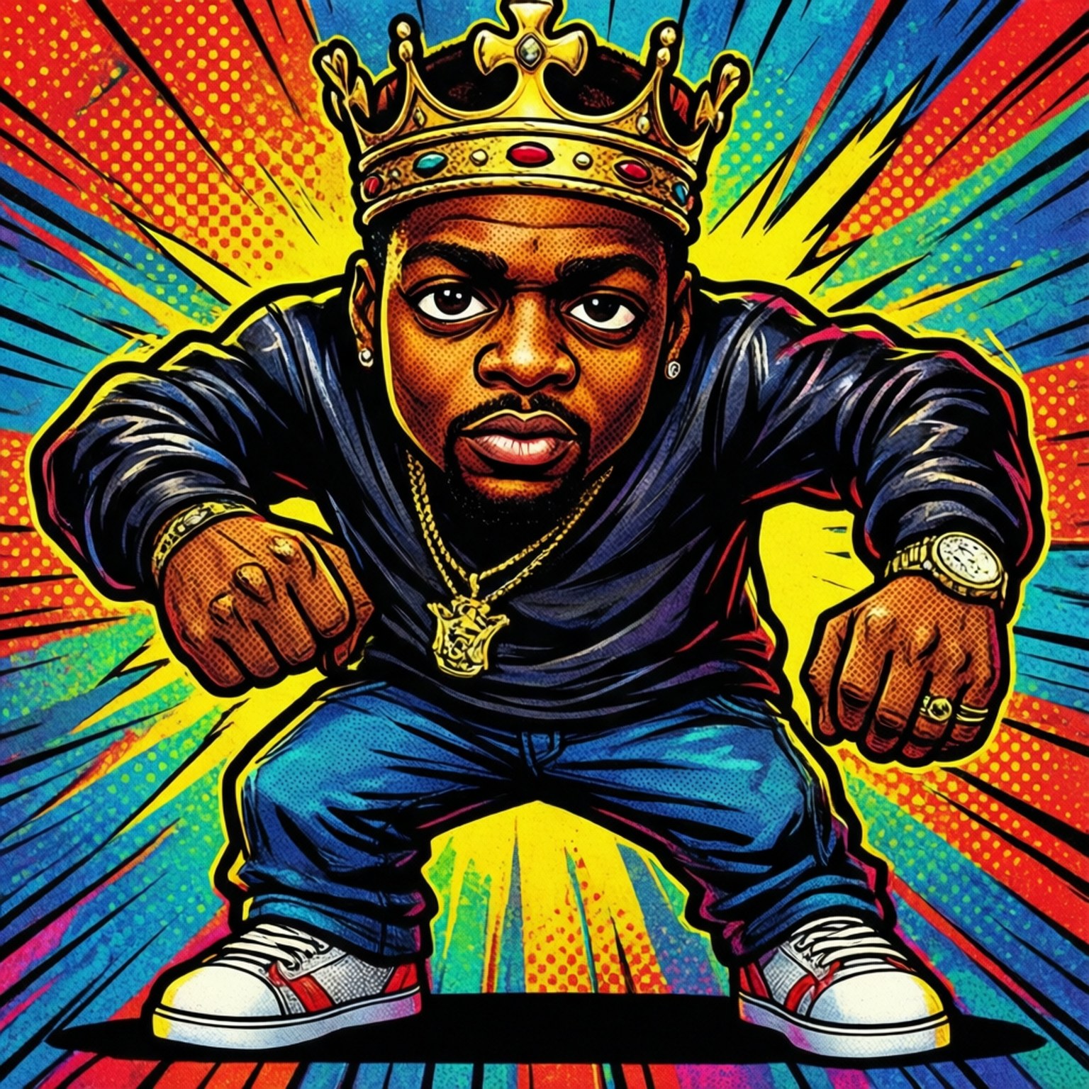 Cartoon Biggie with crown in pop art comic style.