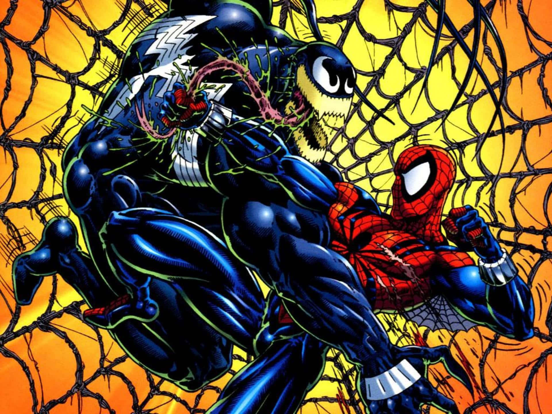 Venom And Spider Man Fighting In The Spider Web