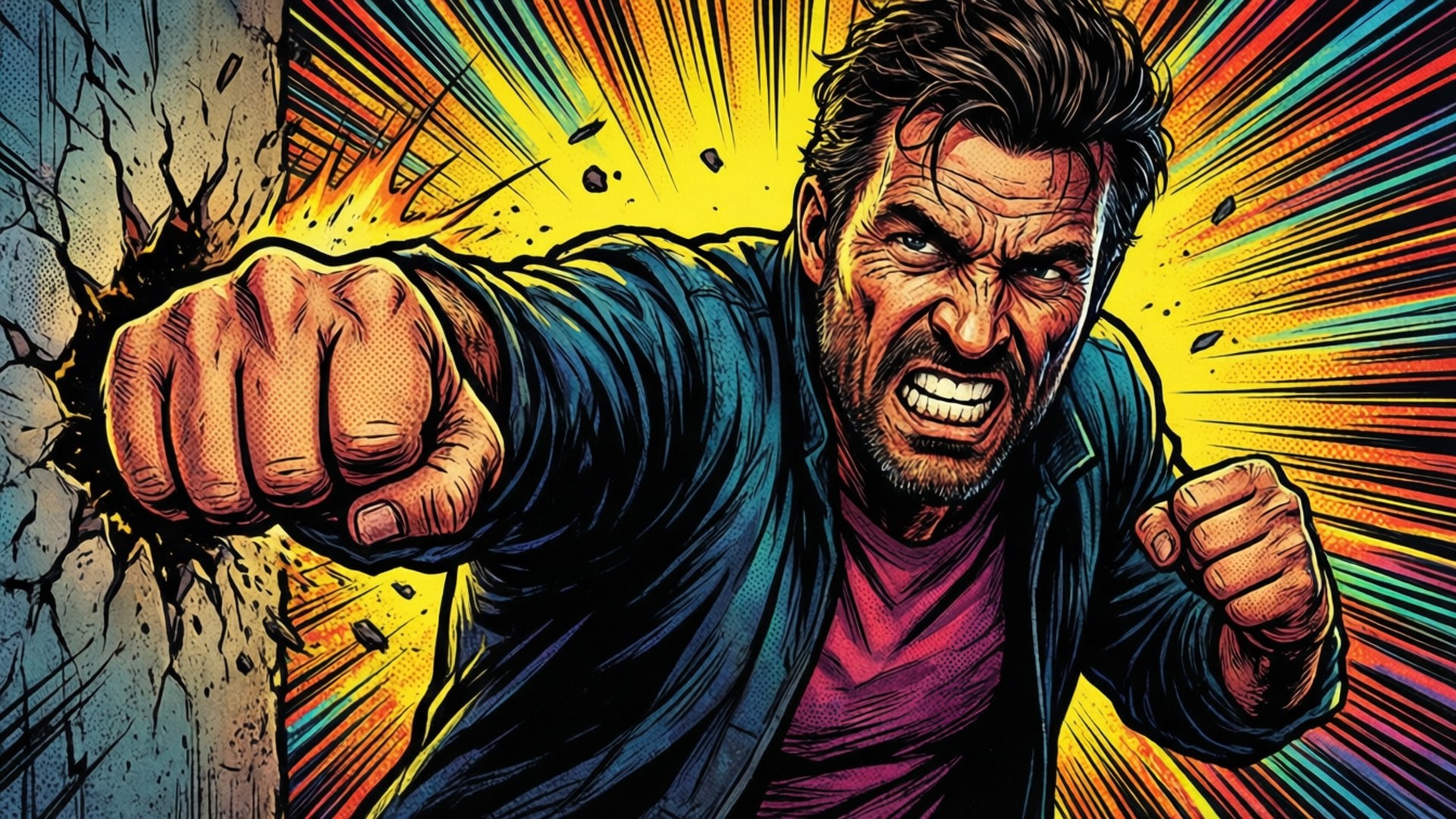 One Man Gang en héros de bande dessinée frappant à travers un mur.