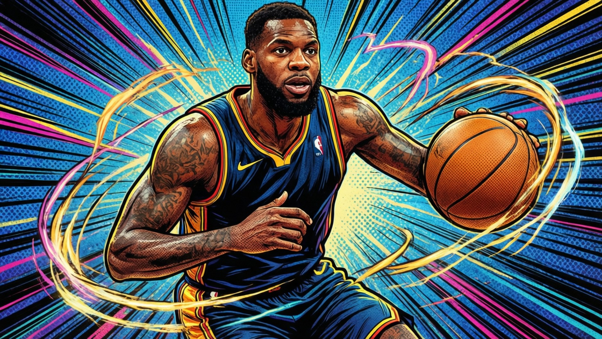 Comic Book Brow Wallpaper — A muscular basketball player in a blue and gold jersey dribbles a ball with dynamic comic book energy bursts radiating around him.