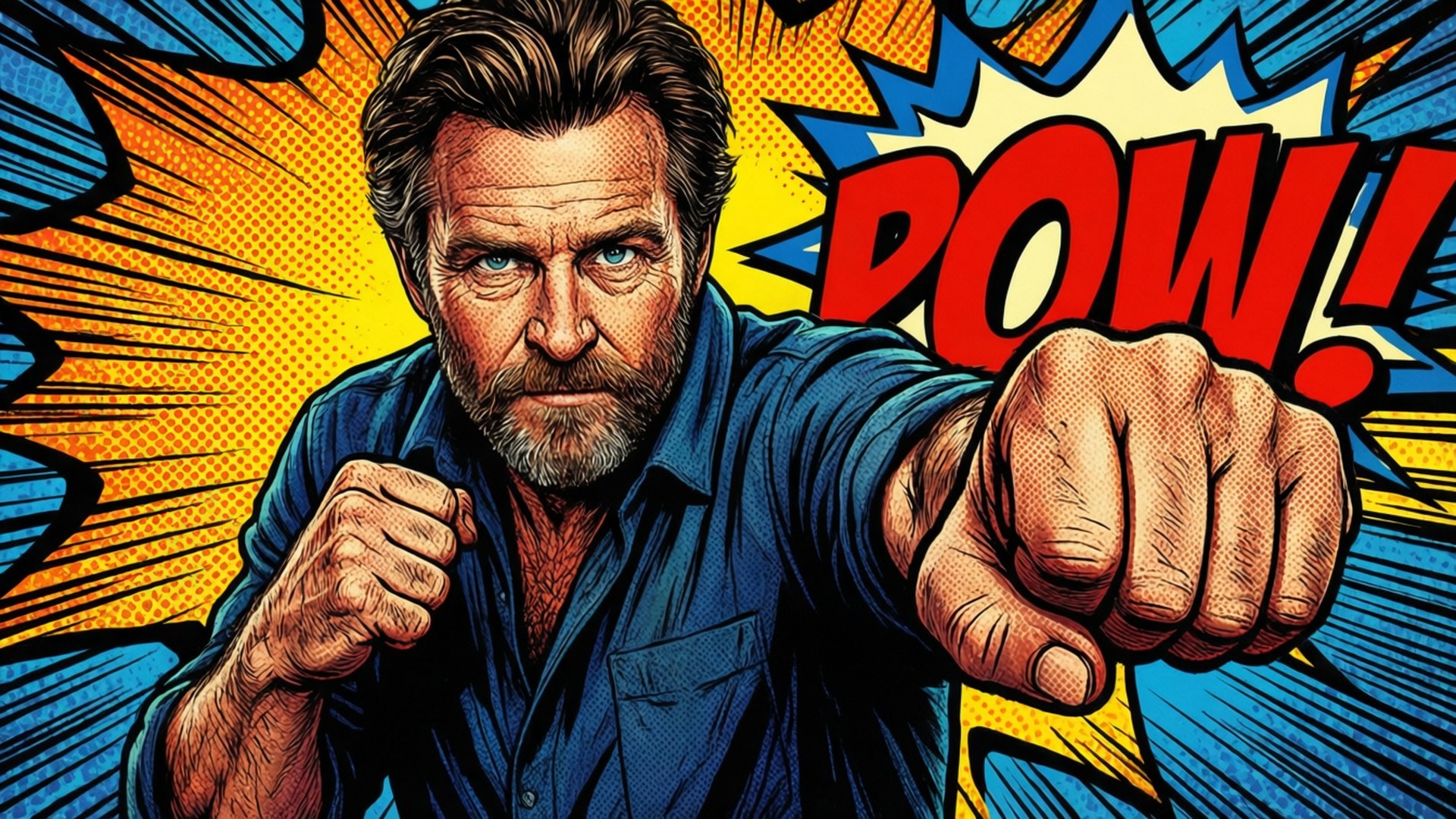 Tank Abbott as a comic book hero with action lines and pop art.