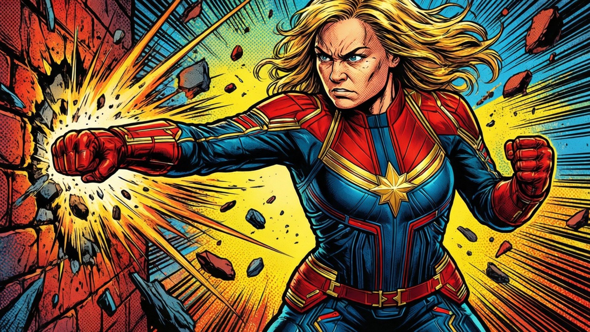 Serietidningsstil splash-sida av Captain Marvel som kraschar genom en vägg.