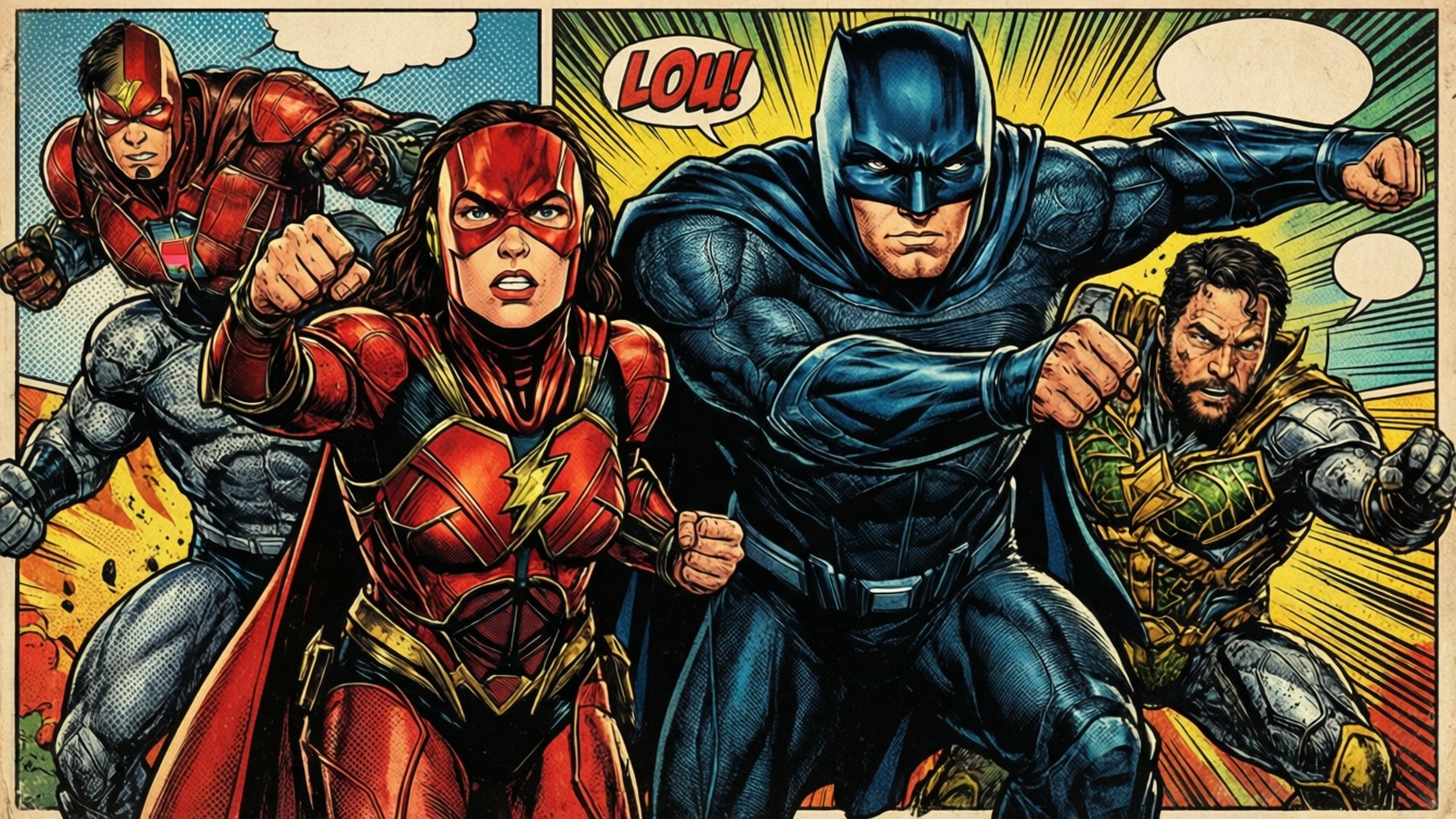 Retro comic book collage of Justice League in action.