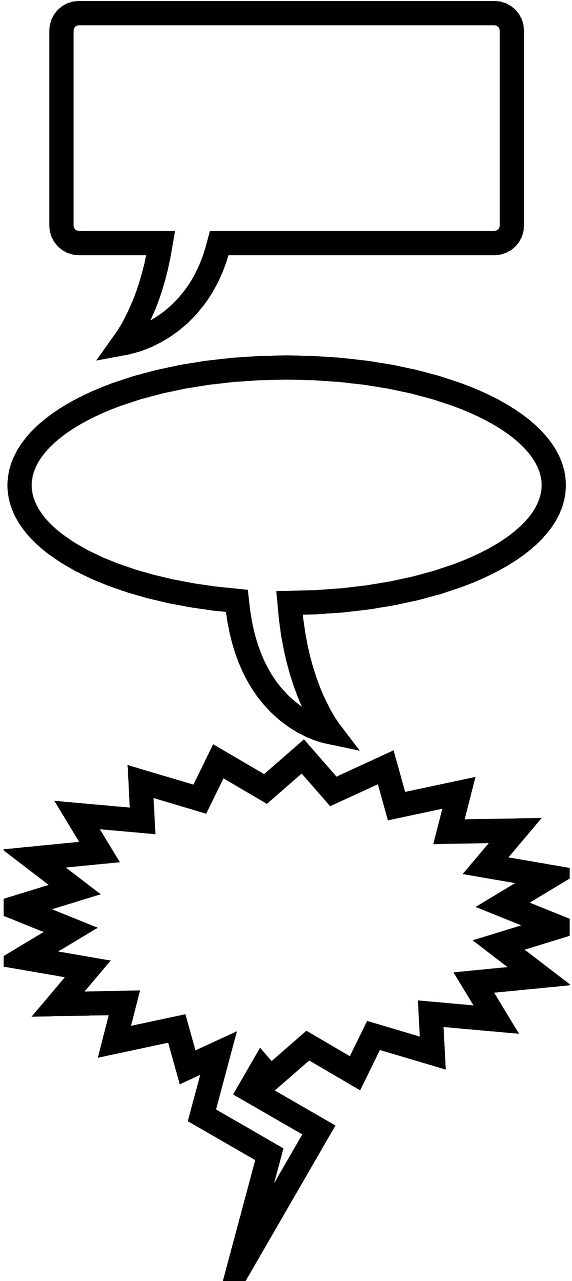 Comic Speech Bubbles Vector PNG — Three black outlined speech bubbles of varying shapes on a plain white background.