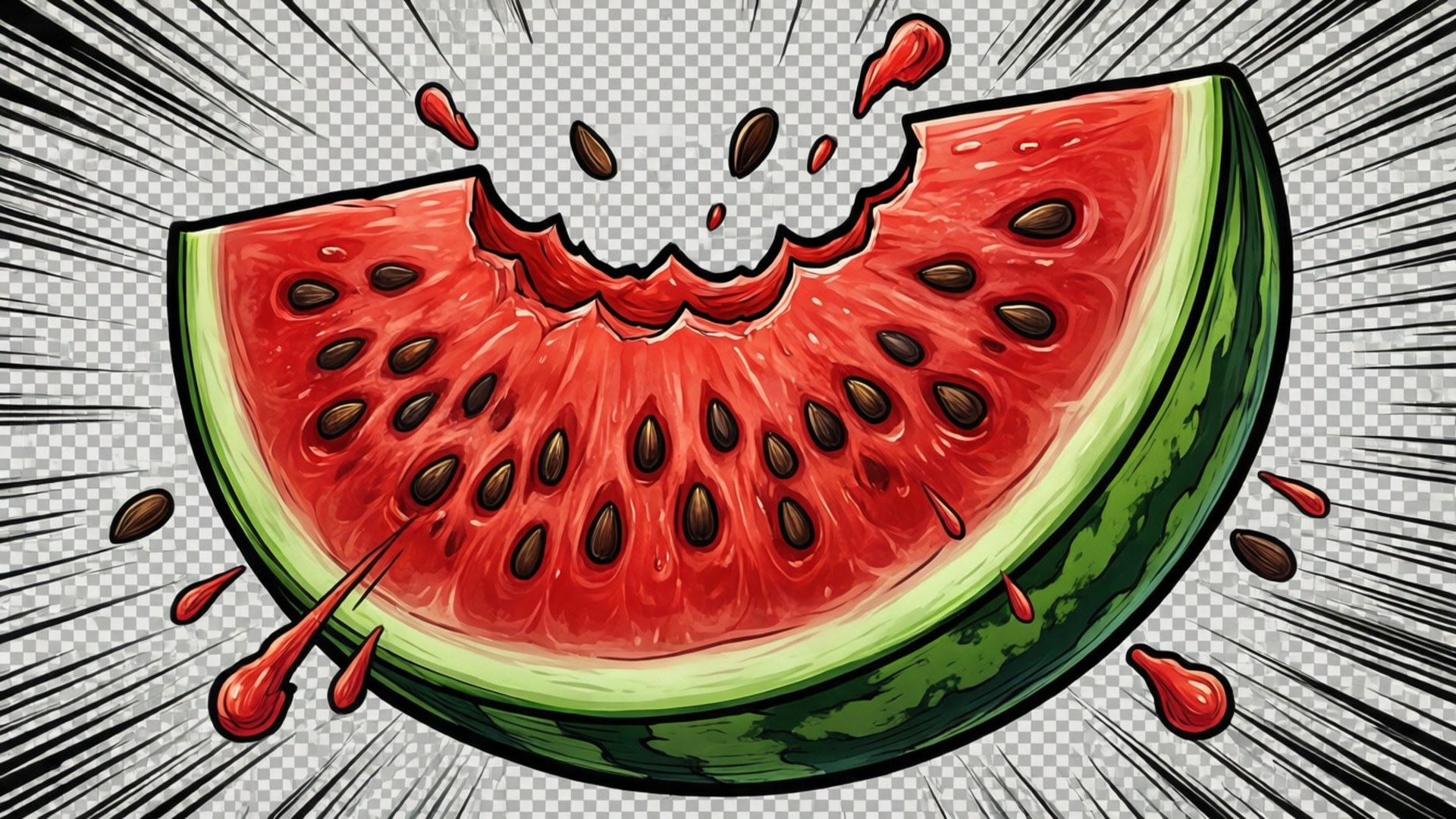 Dynamic comic-style watermelon slice clipart with motion