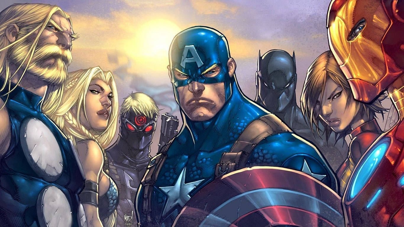 Avengers comic superhero characters in one background, Thor, Iron Man, captain America and others.