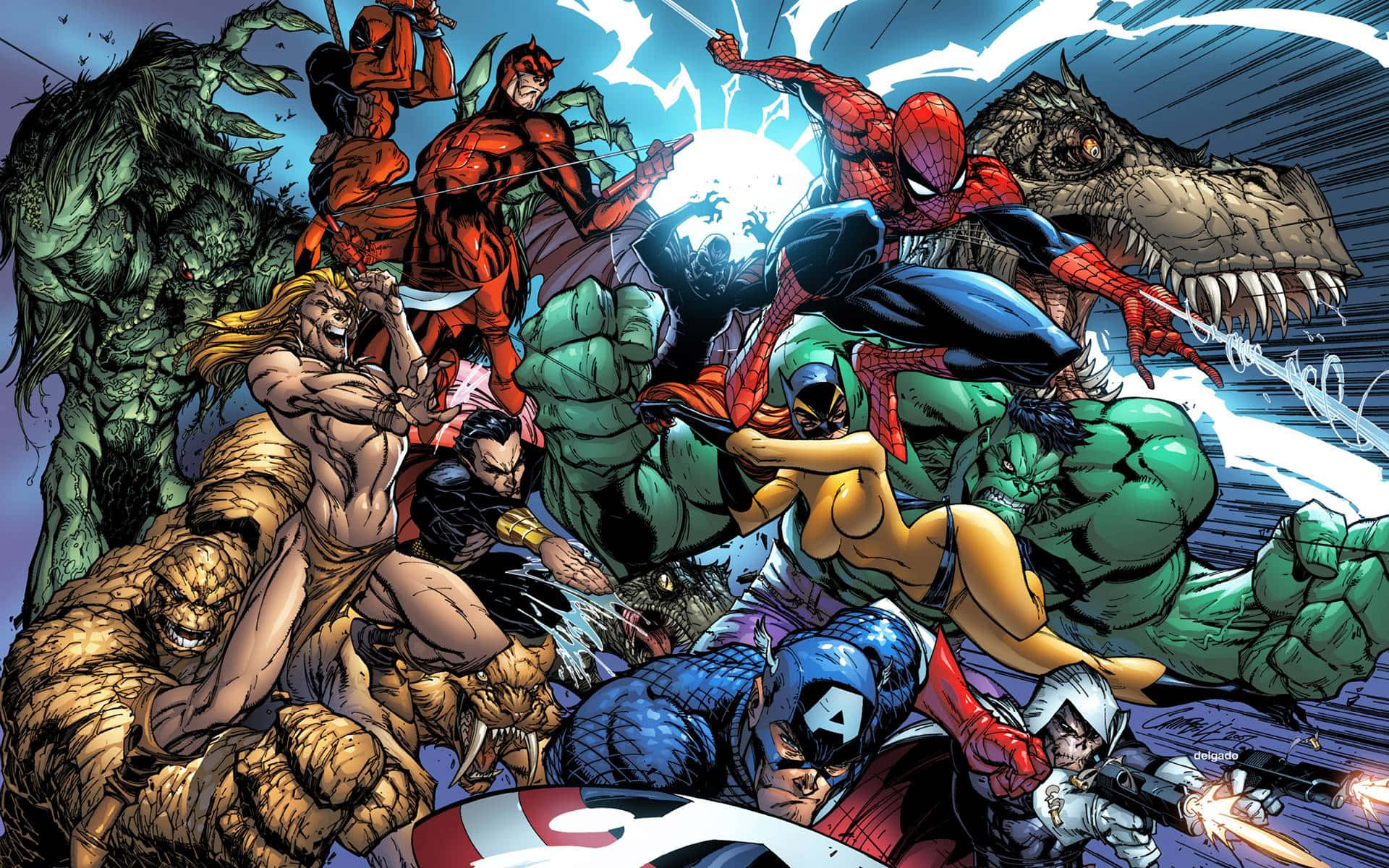 Einklassischer Hintergrund Von Marvel Comics Mit Ikonischen Comicfiguren.