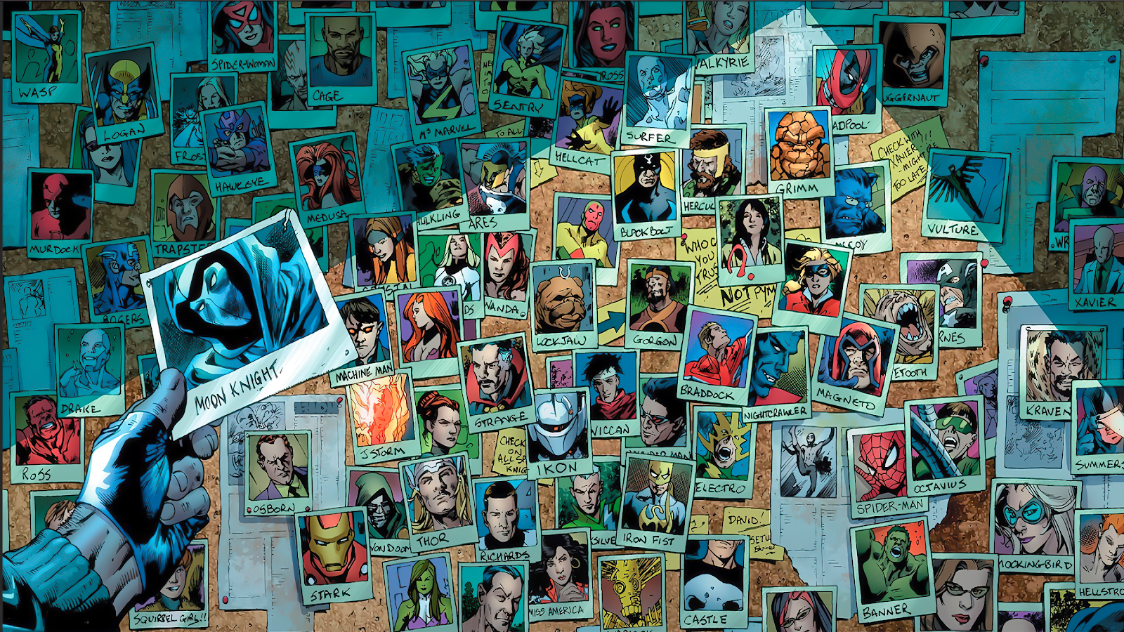 a poster with many pictures of comic characters Background — A hand holds a Moon Knight photo above a corkboard covered in comic book character portraits.