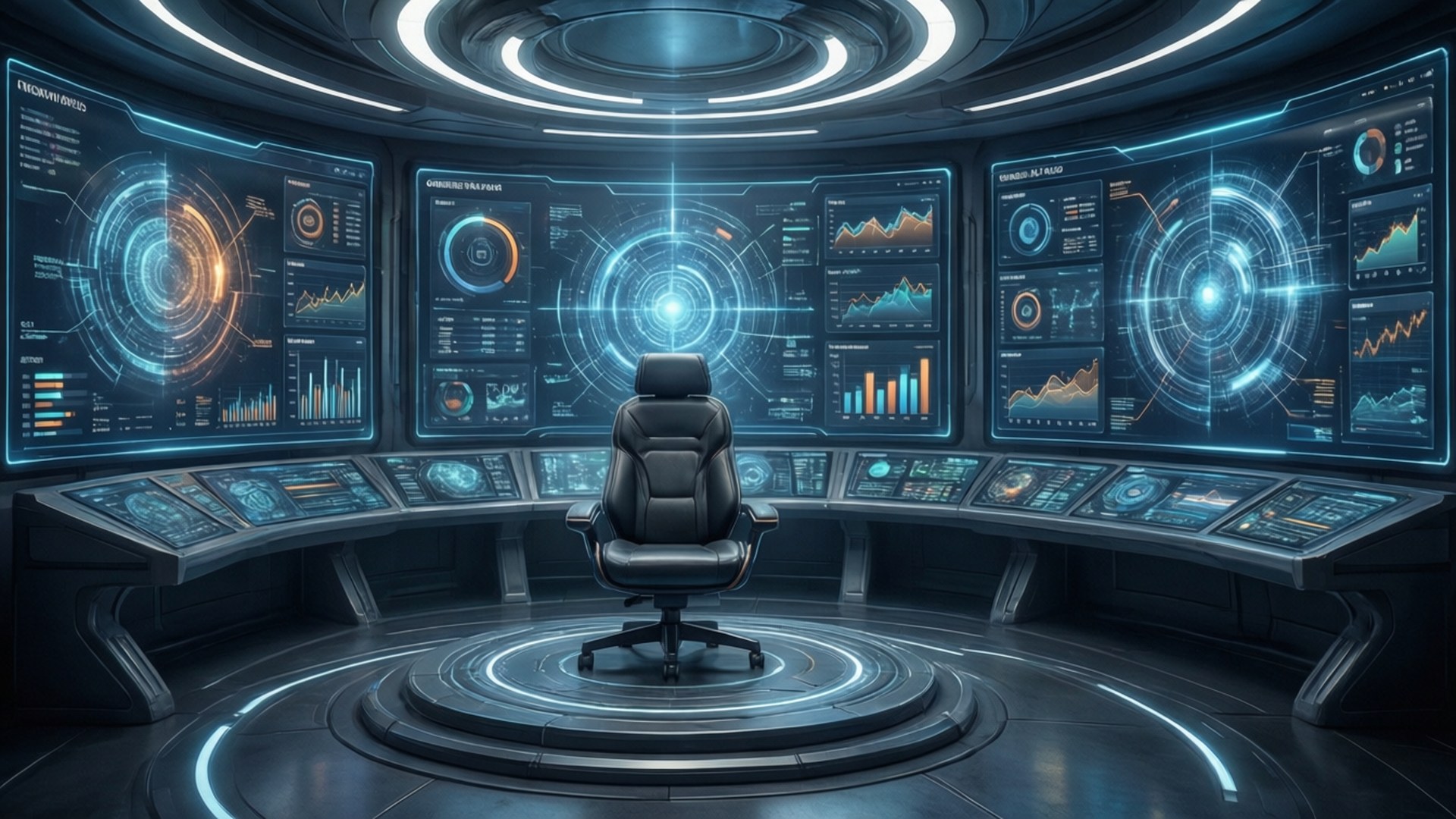 Una elegante sala di controllo del metaverso con schermi olografici e display di dati.
