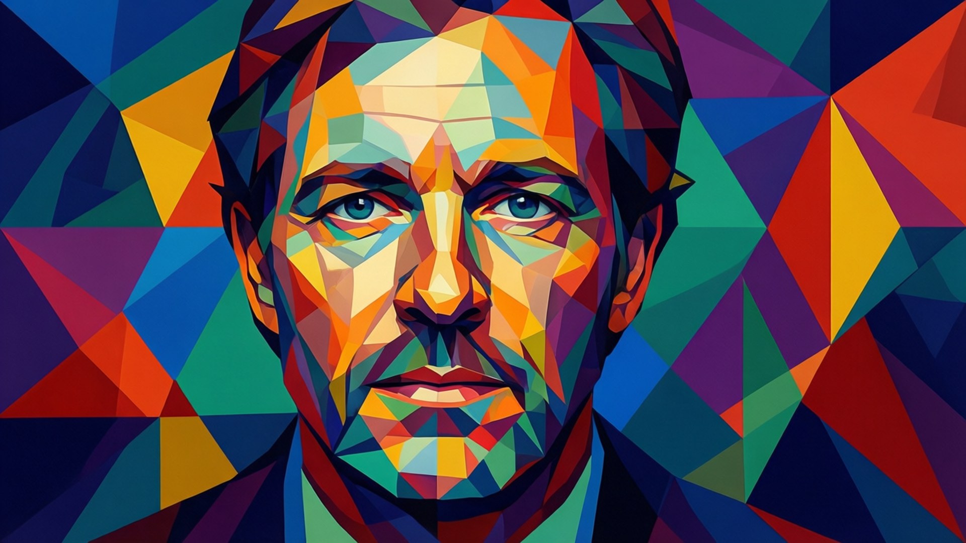 Geometric Commander Wallpaper — A vibrant geometric portrait of a man with intense blue eyes and multicolored triangular facets.