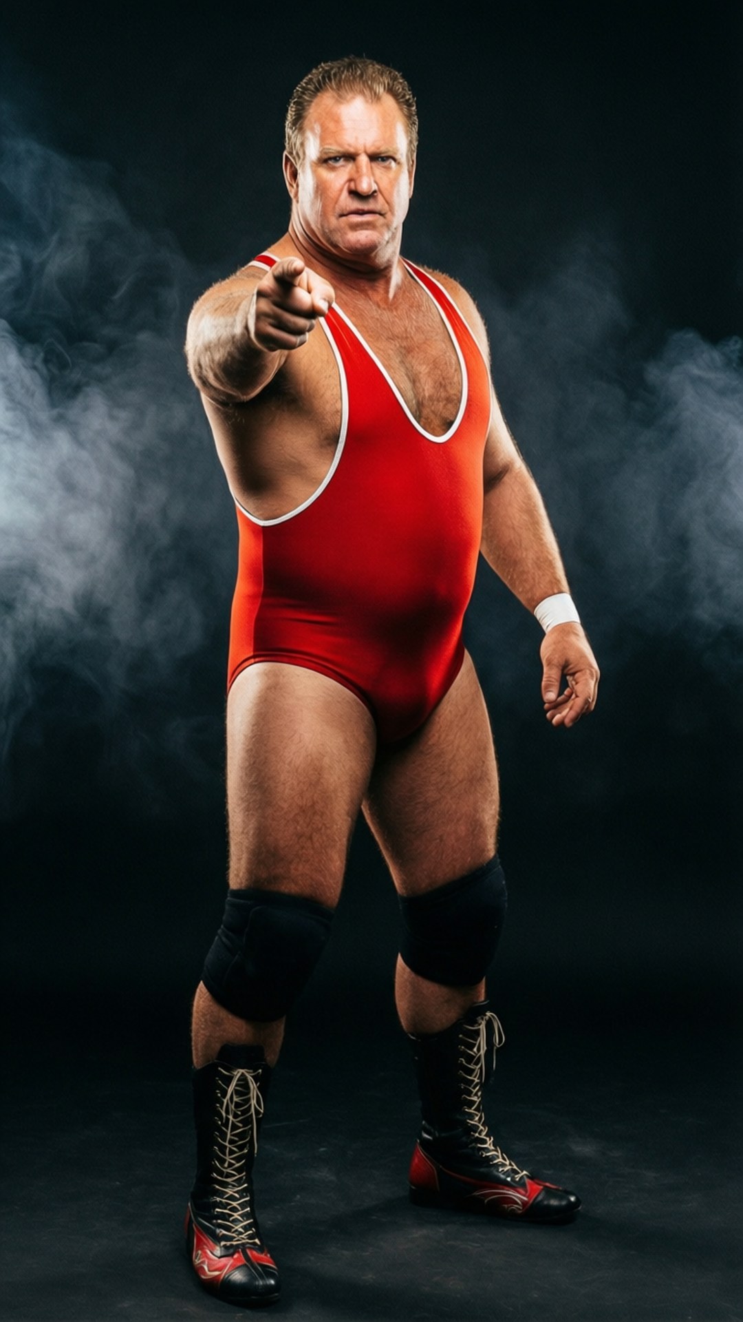 Jim Duggan wijst naar voren in een heroïsche pose met dramatische verlichting.