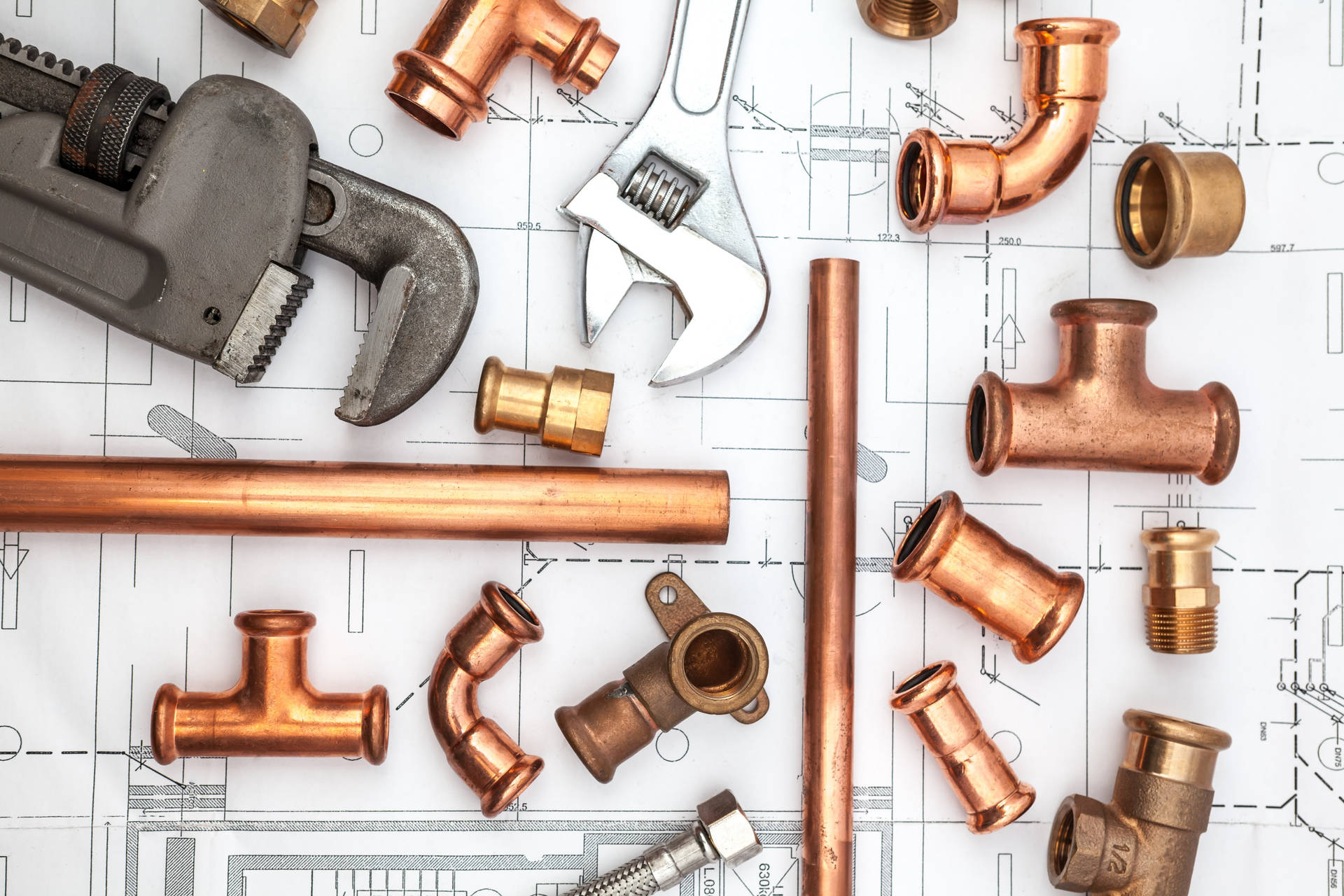 Commercial Plumber Tools And Water Pipes Wallpaper