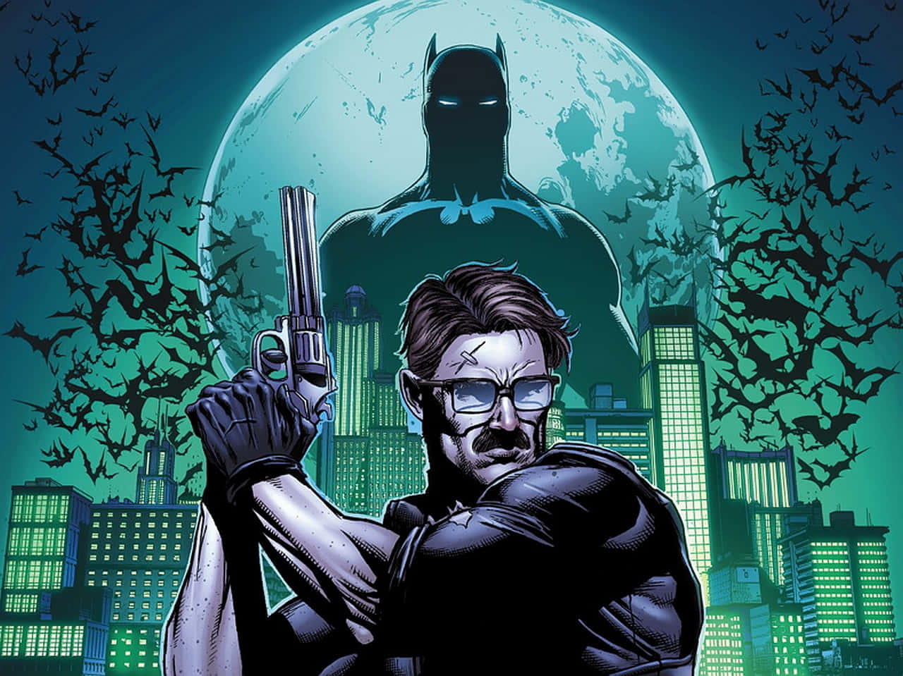 Commissioner Gordon standing in the city of Gotham Wallpaper
