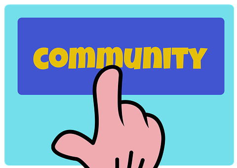 Community Button Press PNG — A cartoon hand taps a blue button labeled community in bold yellow letters against a light blue background.