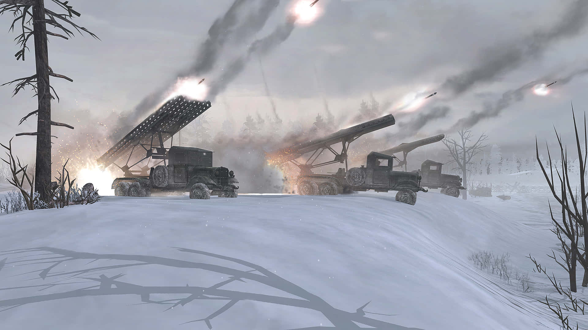 A Video Game Showing A Snowy Scene With A Military Vehicle
