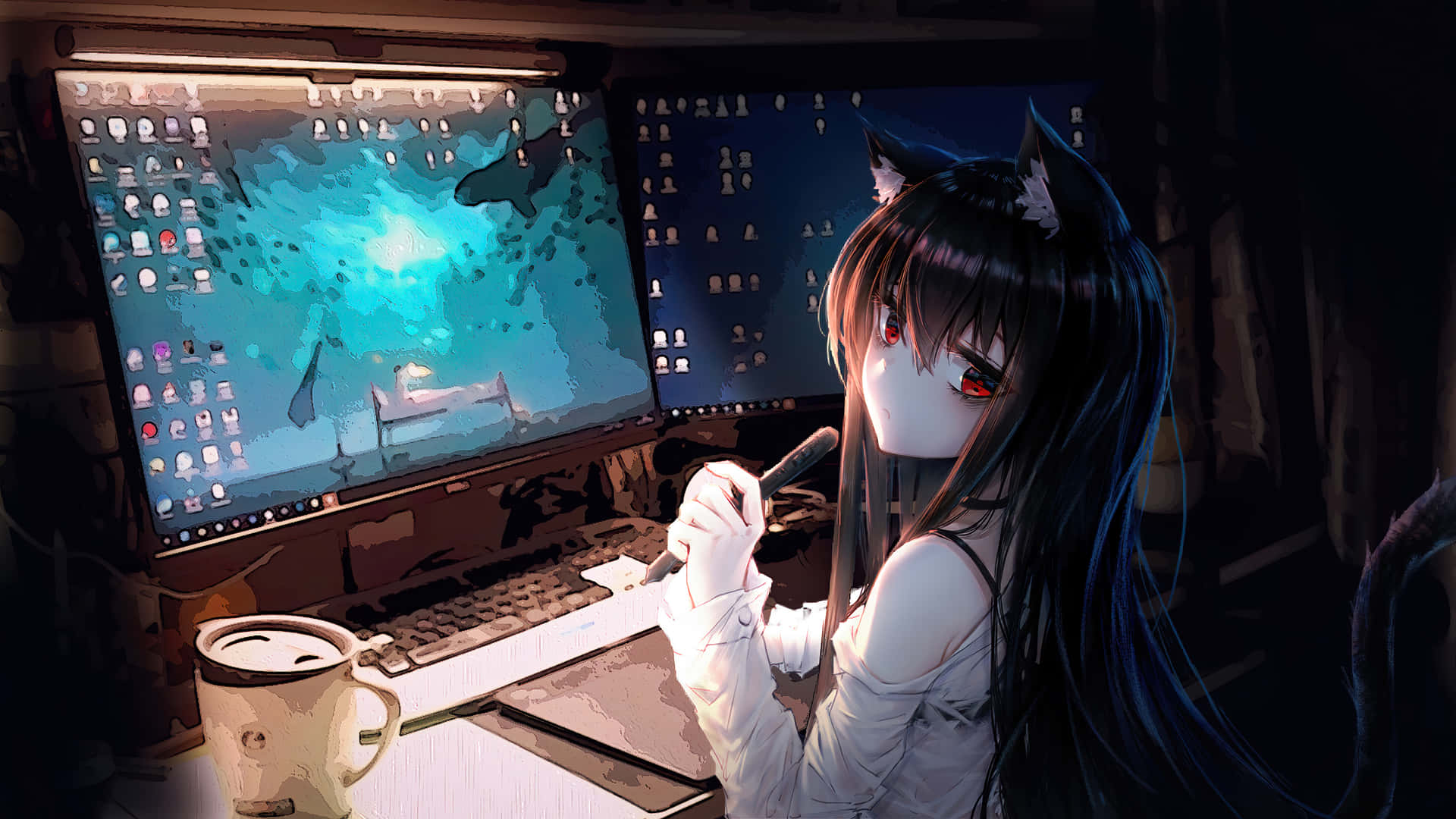 Sfondodel Computer Con Una Gattina Animata