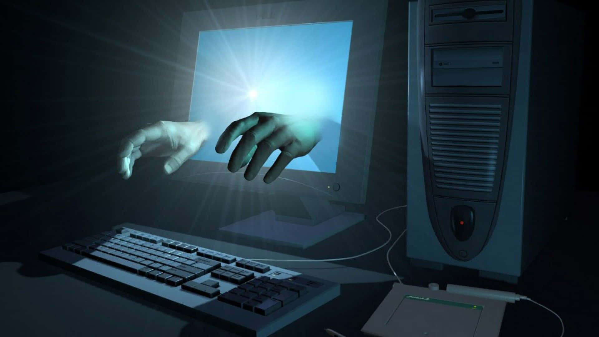 Hands Coming Out Of Computer Background