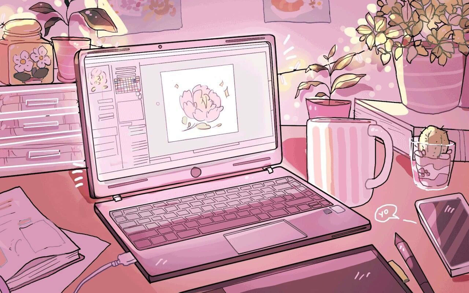 Computer In Pink Aesthetic Background