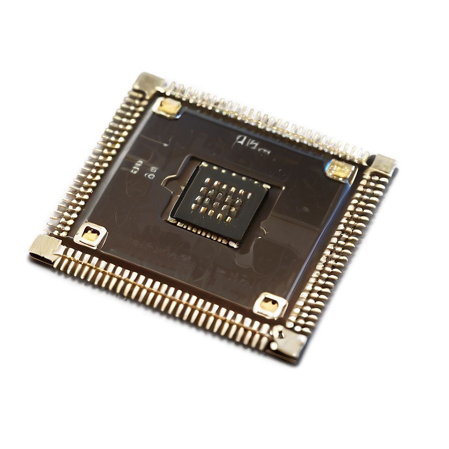 computer chip a PNG — A close-up of a square microchip with gold pins and a central black die on a dark gray surface.