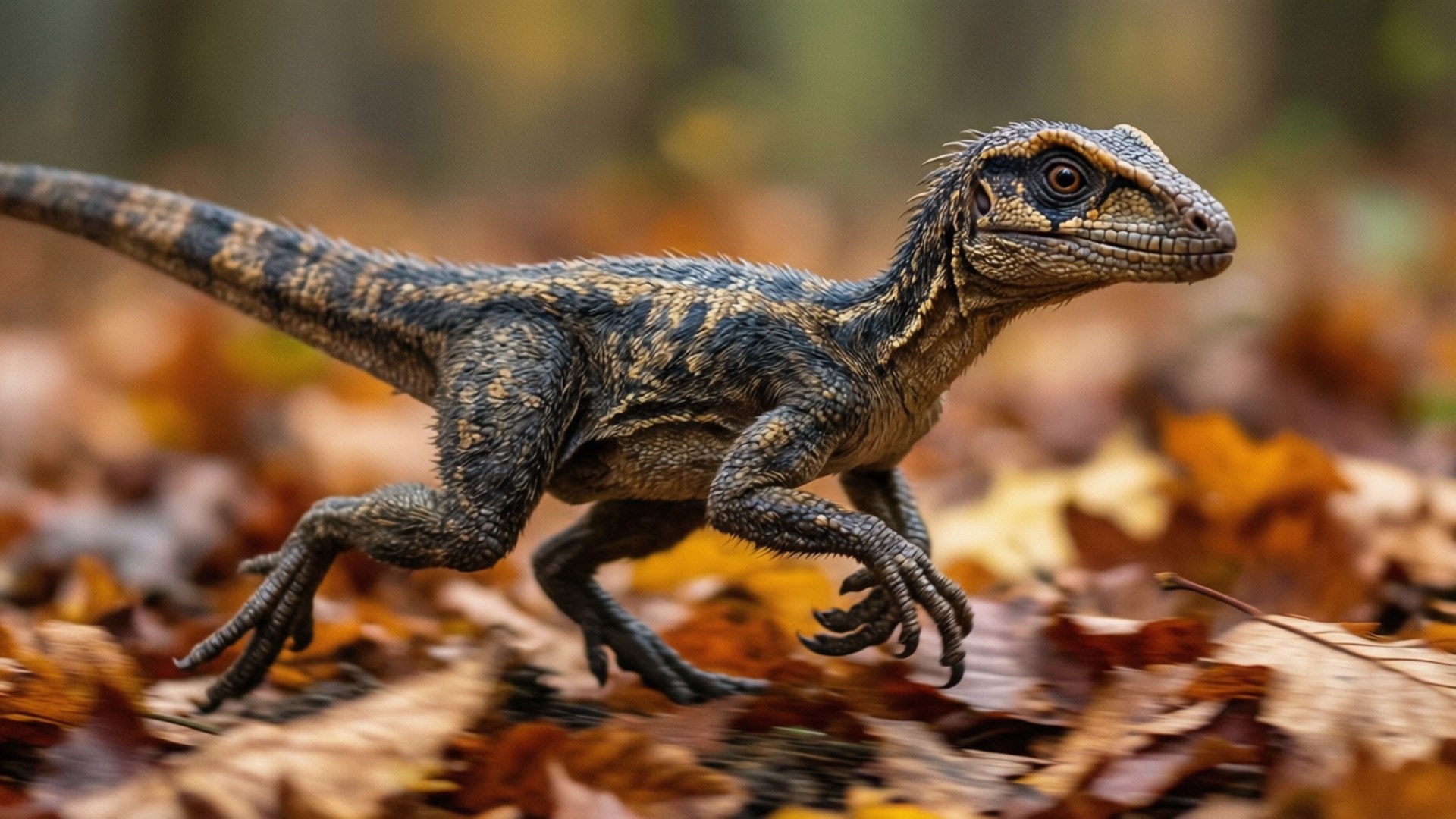 Compy Run Achtergronden — Een kleine compsognathus rent door herfstbladeren.