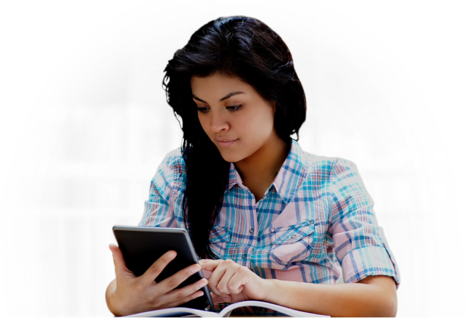 Concentrated Student Studyingwith Tablet PNG