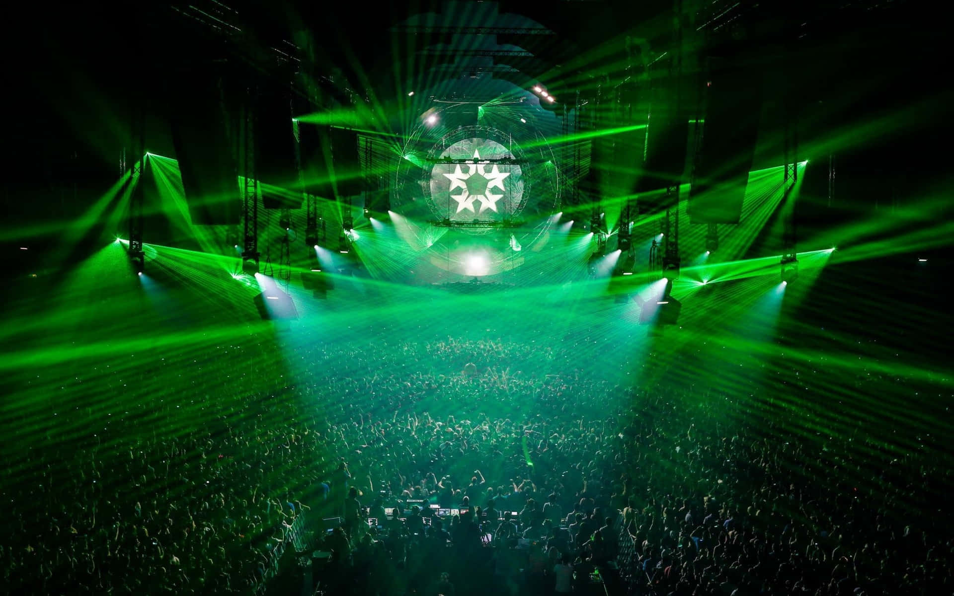 Crowded Concert Background With Green Lights