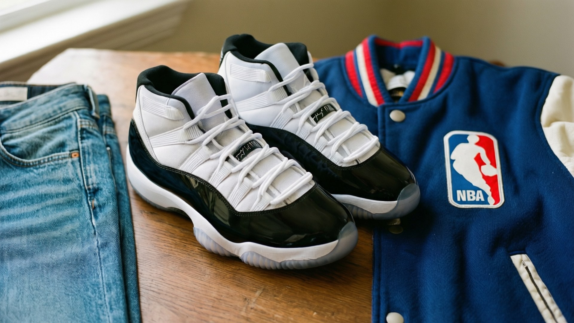Air Jordan 11 Concord styled with jeans and jacket