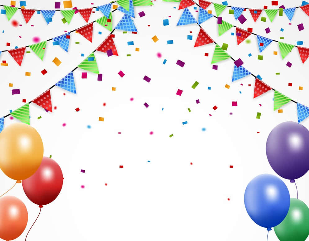Birthday Balloons And Banners With Confetti Background