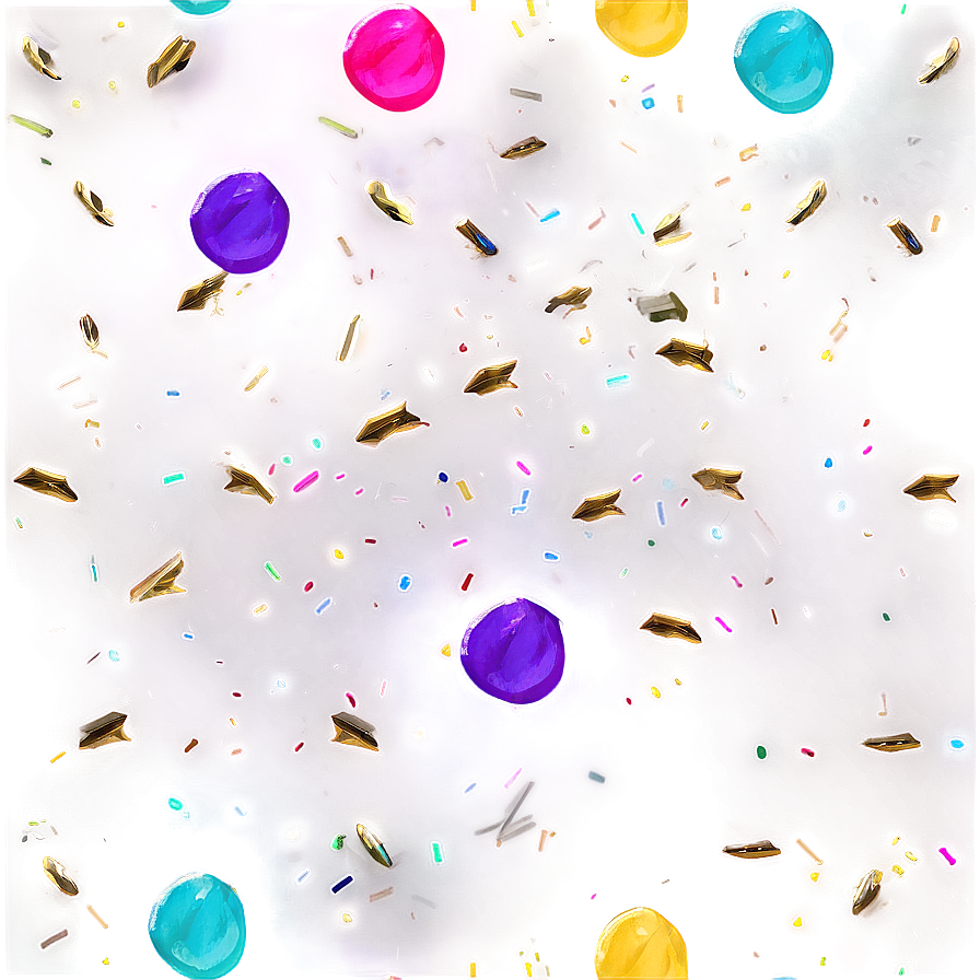 Floating colorful bubbles and golden confetti in a glowing purple cosmic background