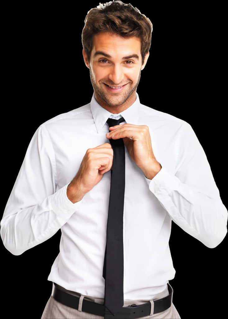 Confident Businessman Adjusting Tie PNG