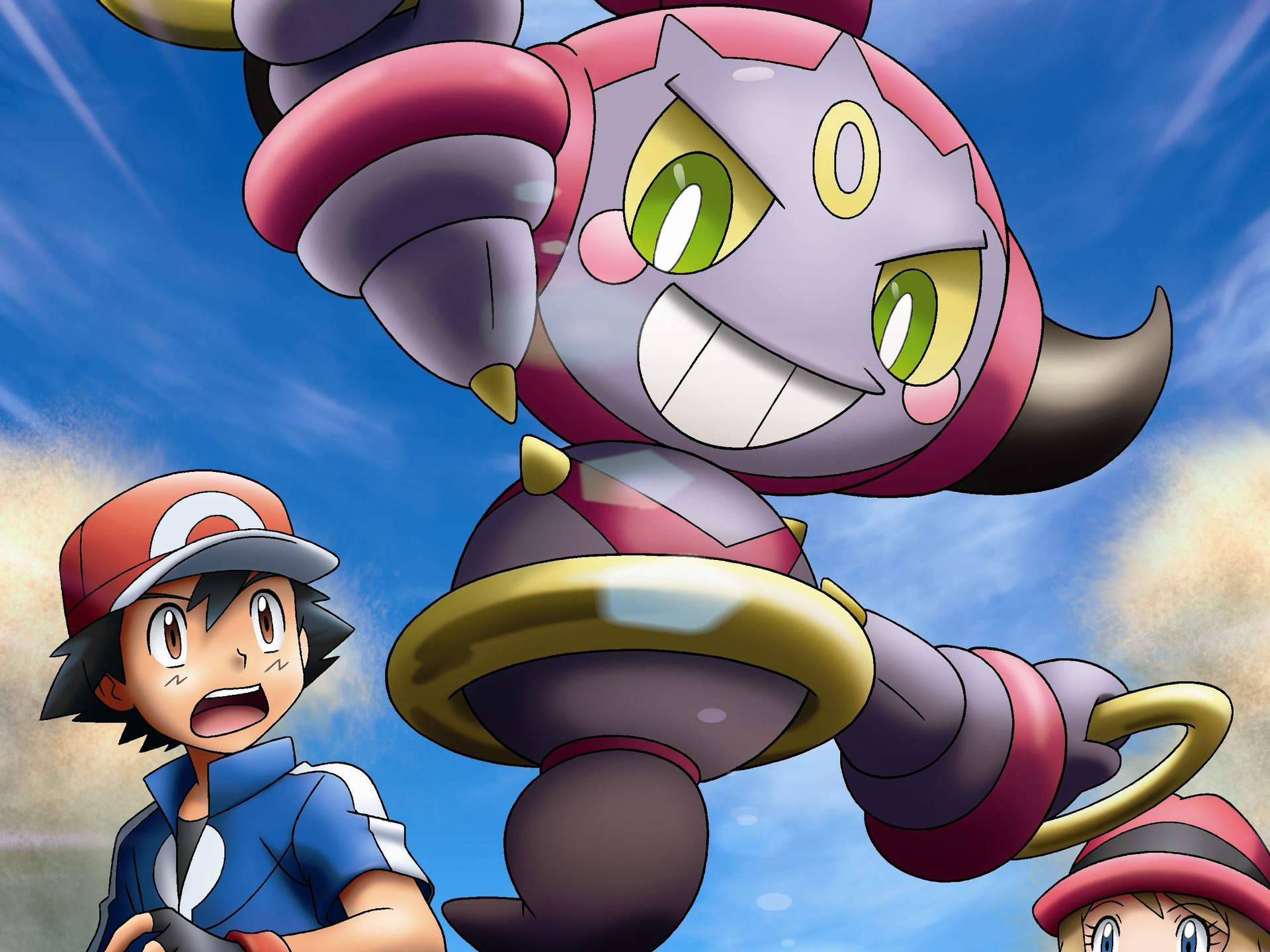 Confined Hoopa With Protagonists Wallpaper