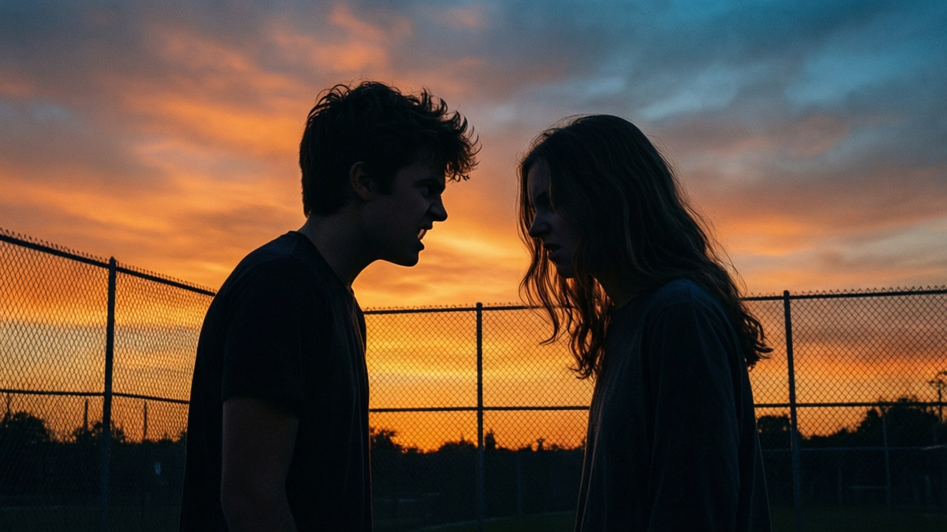 A silhouette scene representing a bullying confrontation with emotional contrast.