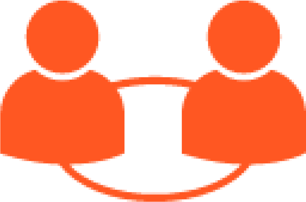 Connection Concept Icon PNG — Two orange pixelated figures with round heads and blocky bodies stand facing each other with arms outstretched in a black background.