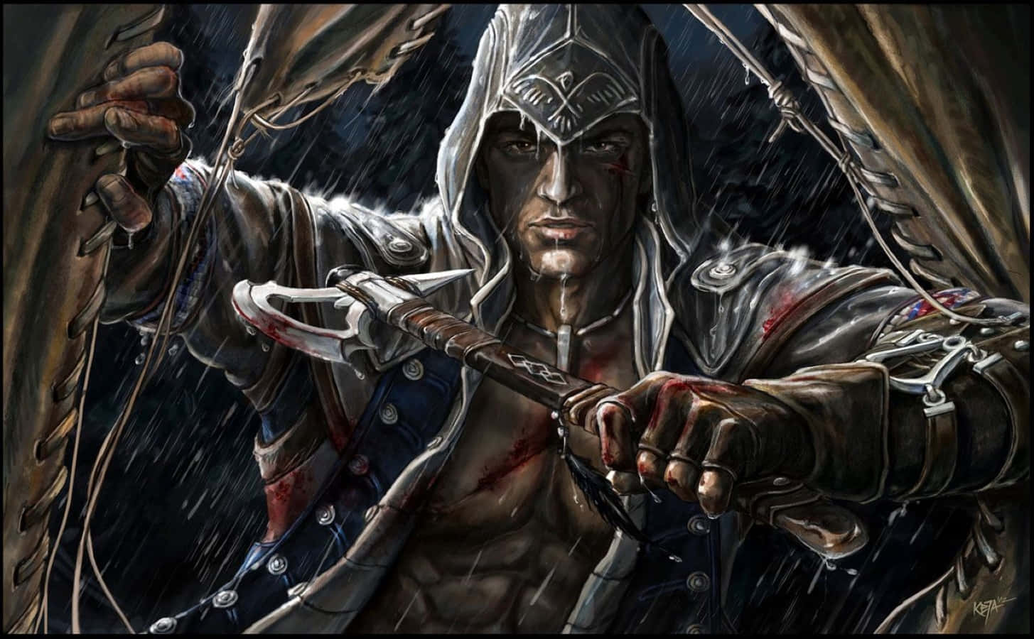 Connor Kenway striking a powerful pose in Assassin’s Creed III Wallpaper