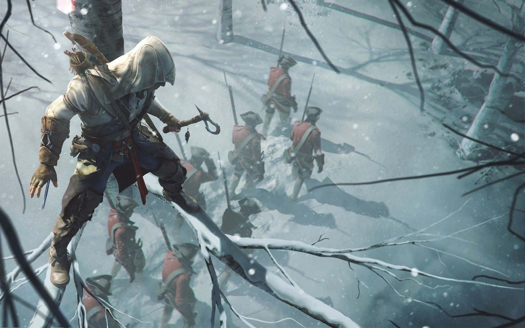 Connor Kenway bravely stands in the Assassin's Creed III scene Wallpaper