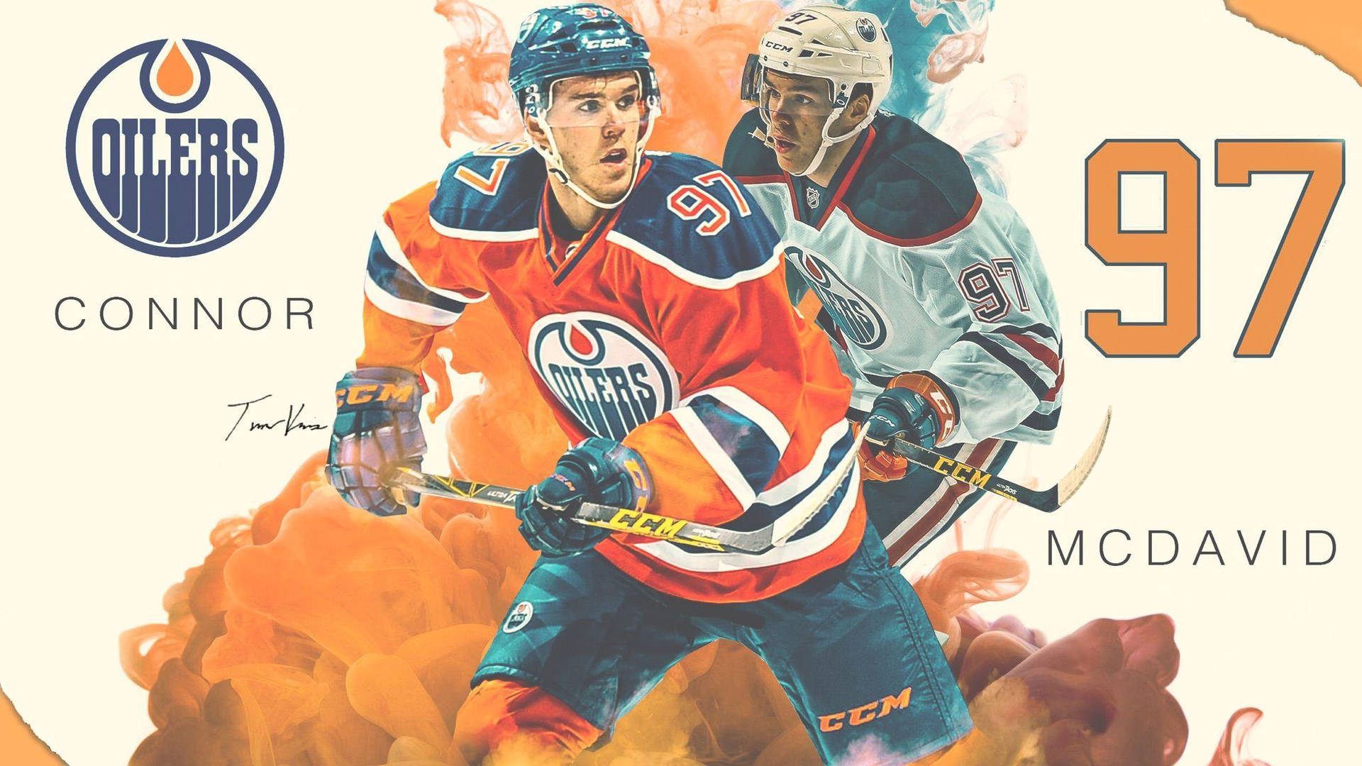 Connor Mcdavid With Oilers Logo Wallpaper
