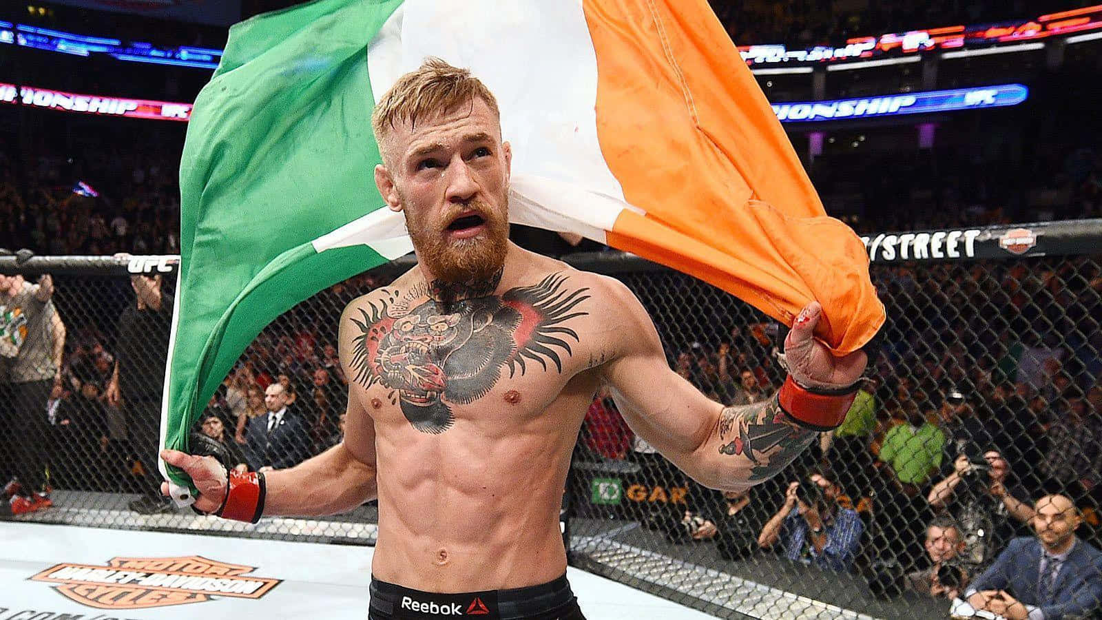 Download A Man With Tattoos Holding An Irish Flag | Wallpapers.com