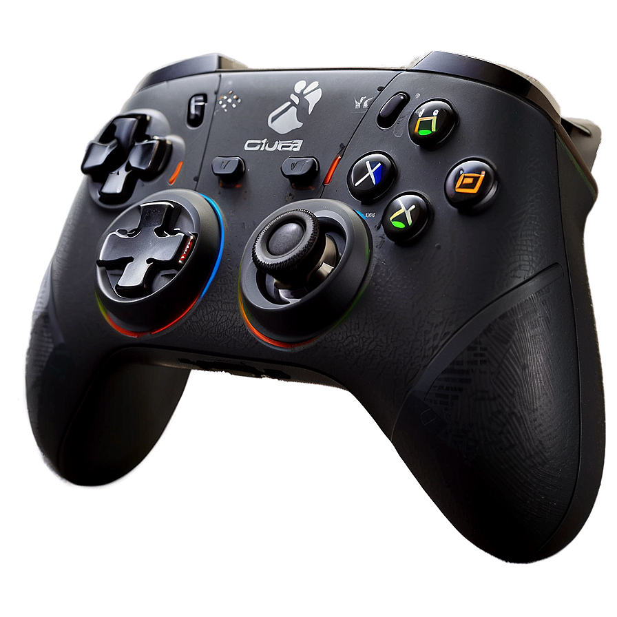 Console Controller PNG squ PNG — A sleek black gaming controller with glowing RGB accents and textured grips is dramatically lit against a dark gradient background.