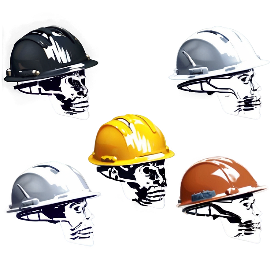 Construction Headgear PNG 05262024 PNG — Five glowing construction helmets with skull faces float against a gradient background.