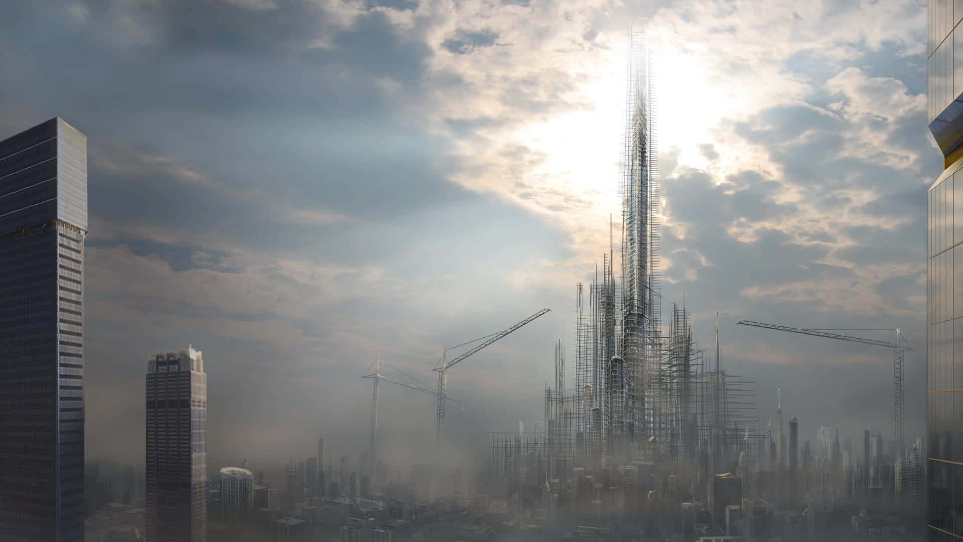 A City With A Tall Building In The Sky