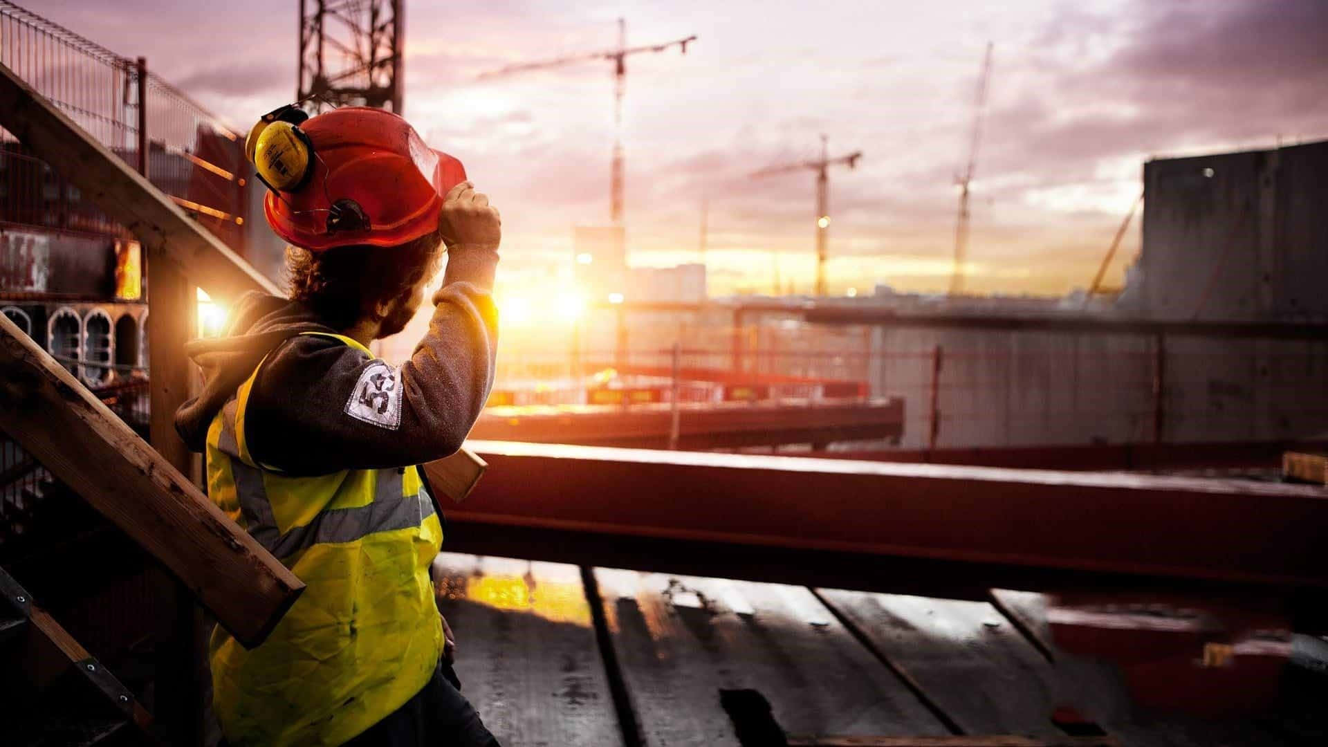 A Construction Worker Is Standing On A Ladder At Sunset