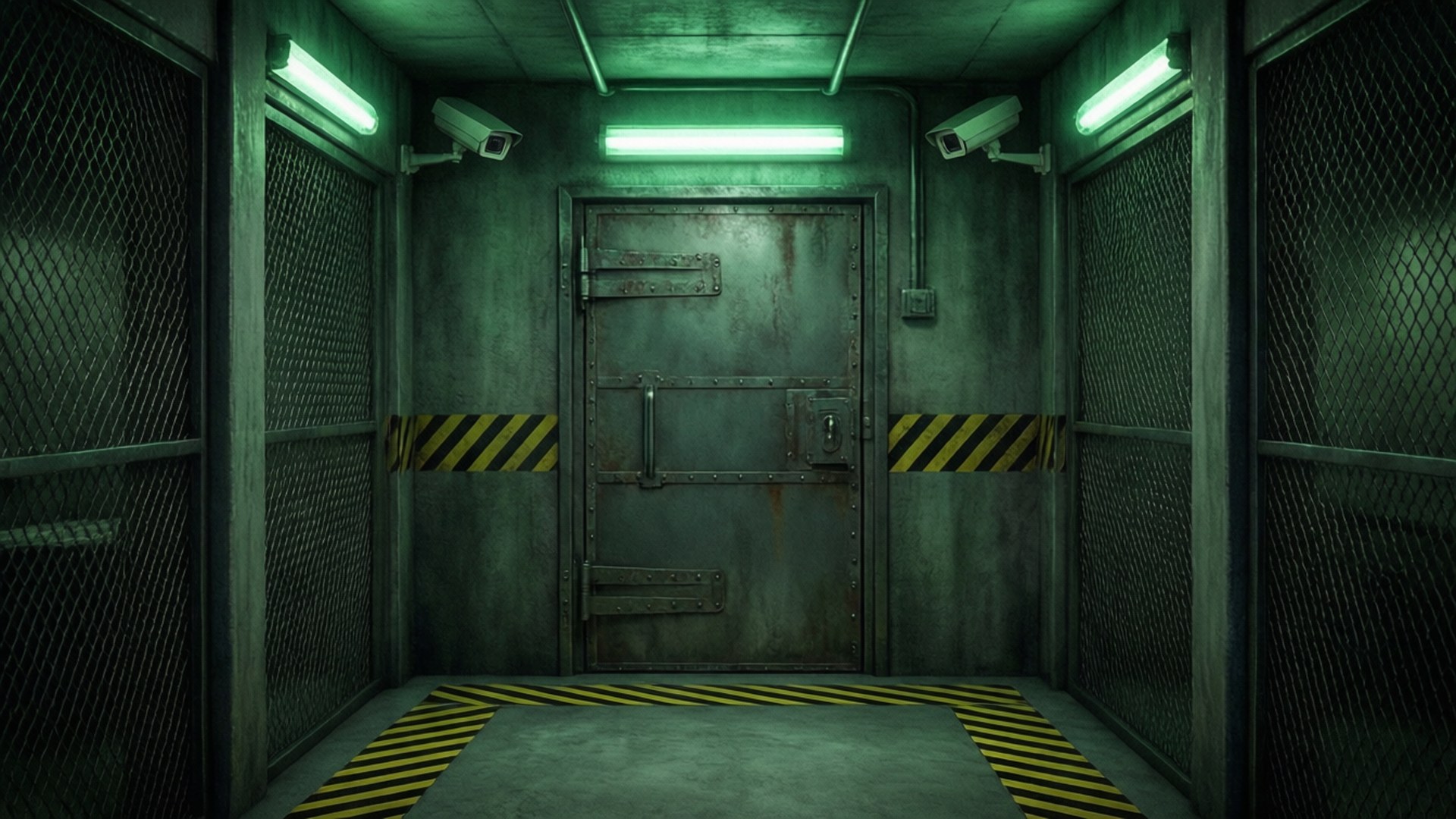 SCP containment cell with green lights and steel door.