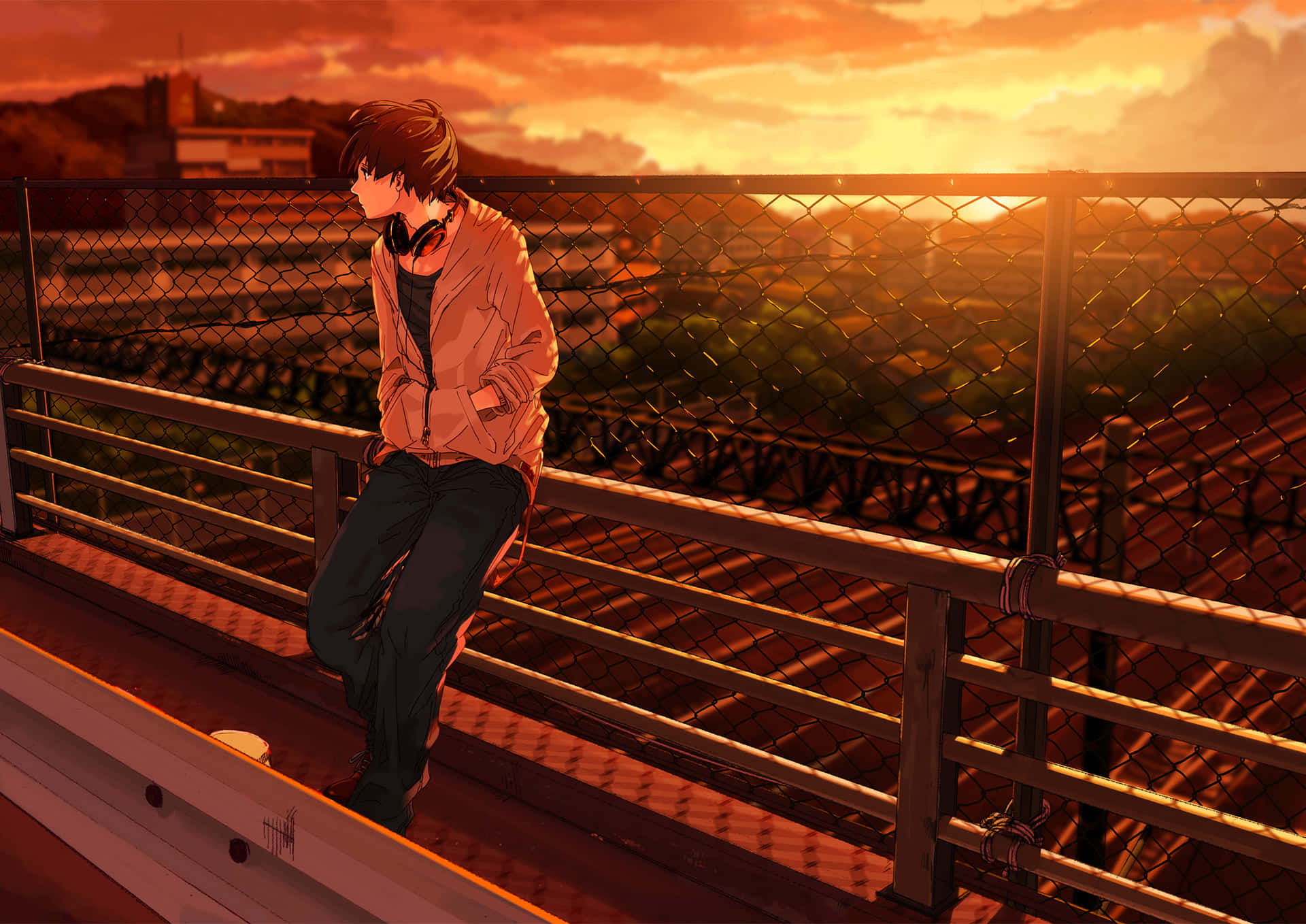 Contemplative Anime Boy Sunset Wallpaper