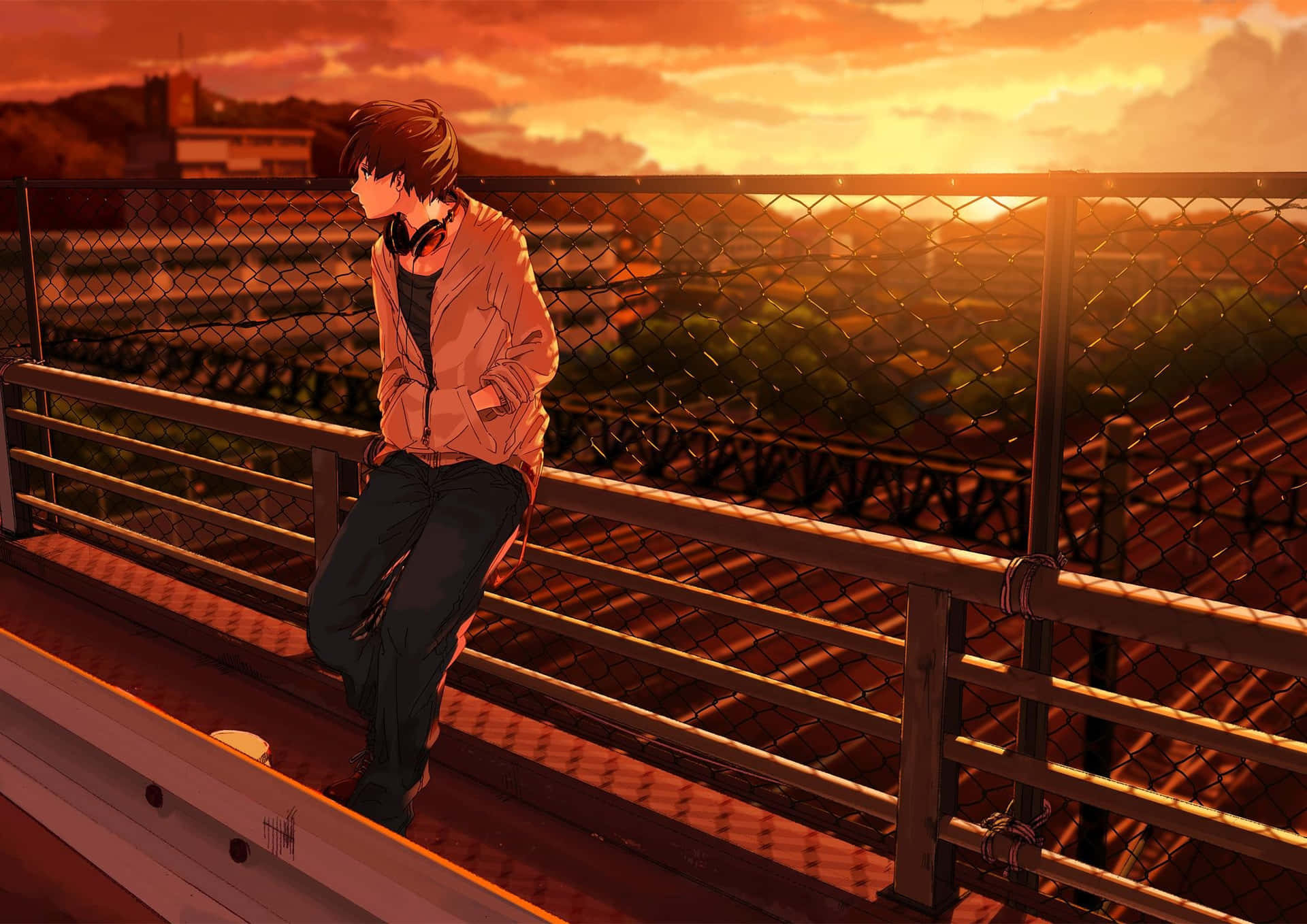 Contemplative Anime Character Sunset Wallpaper
