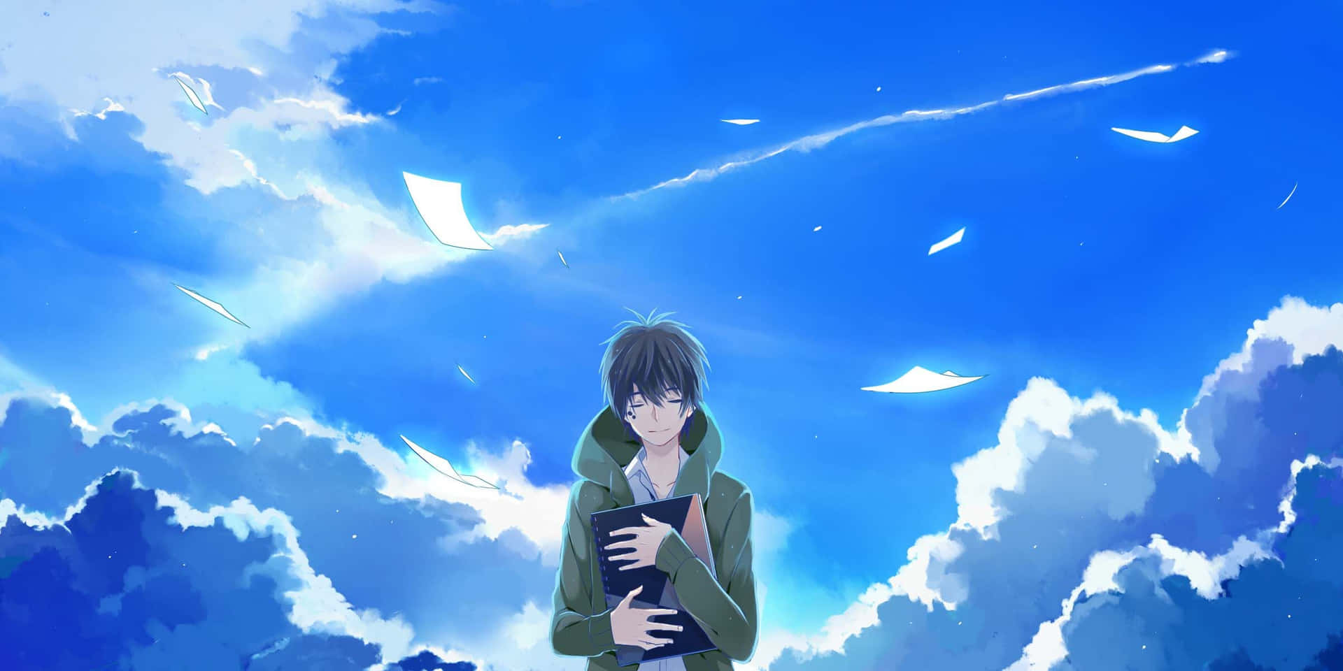 Contemplative Anime Character Under Blue Sky Wallpaper