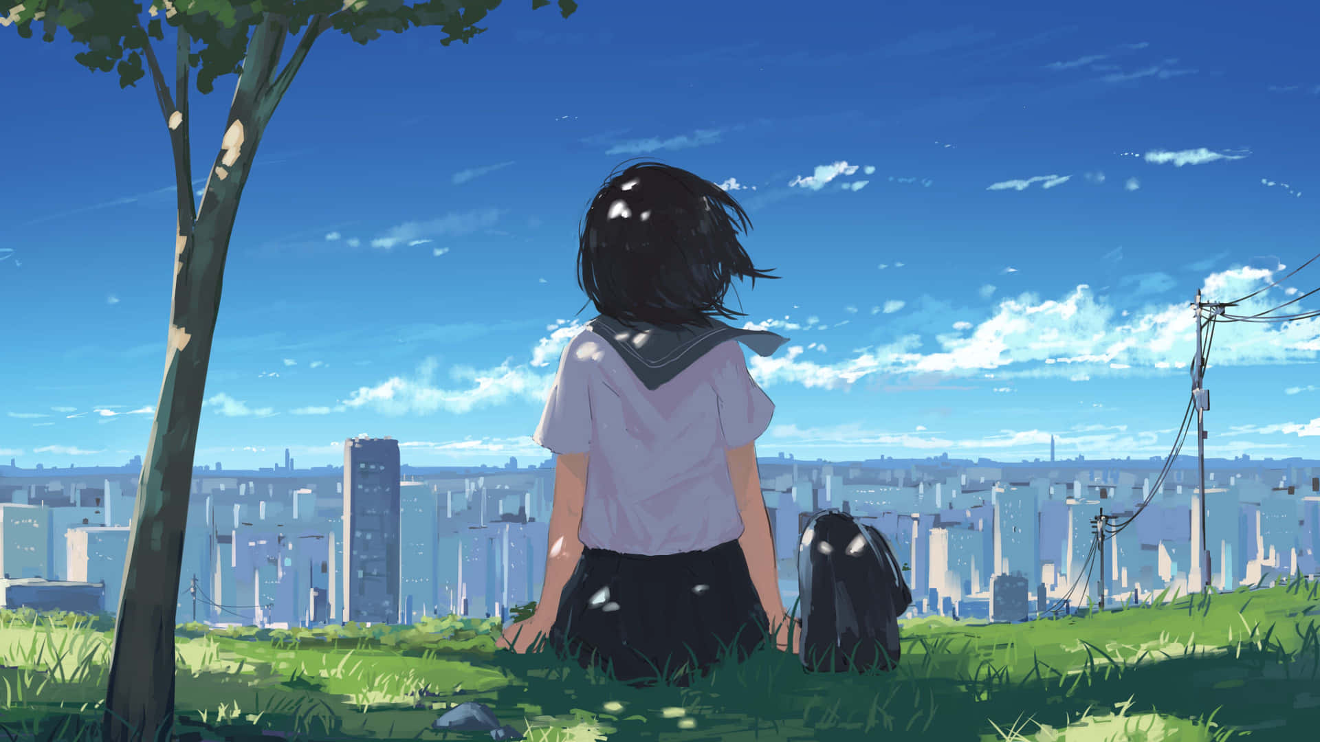 Contemplative Anime Girl Overlooking Cityscape Wallpaper