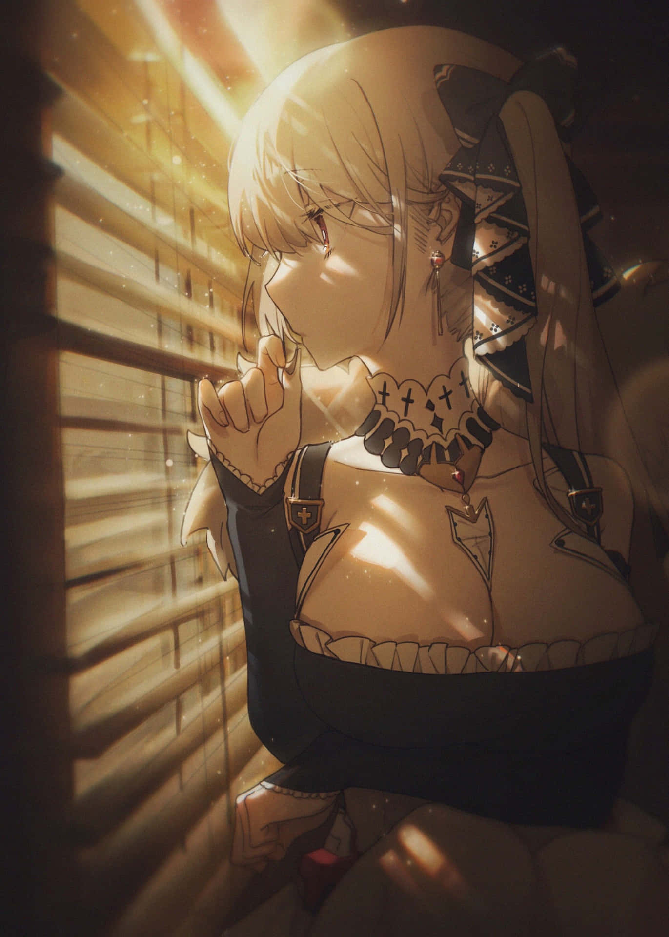 Contemplative Anime Girl Sunlight Blinds Wallpaper
