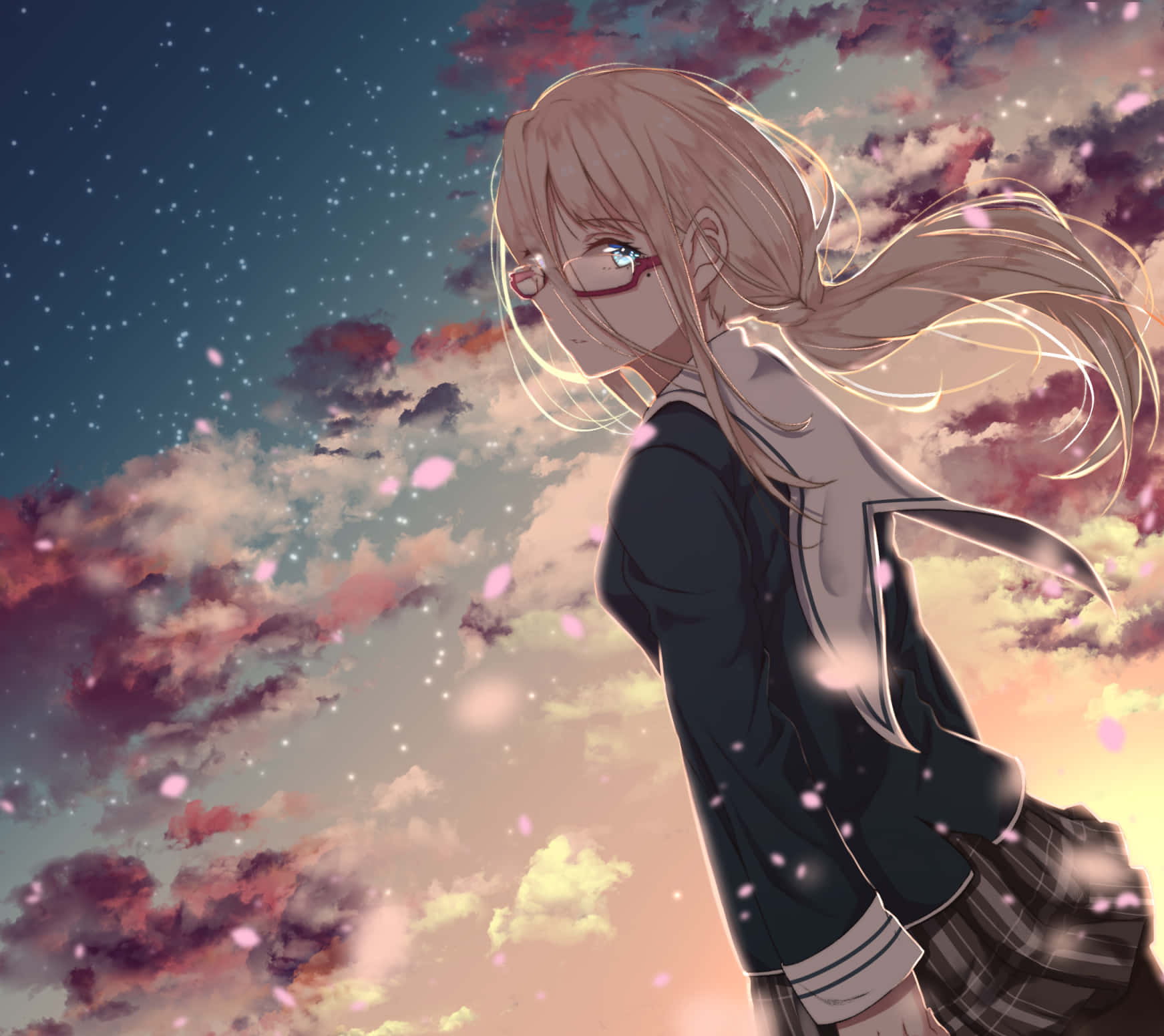 Contemplative Anime Girl Sunset Sky Wallpaper