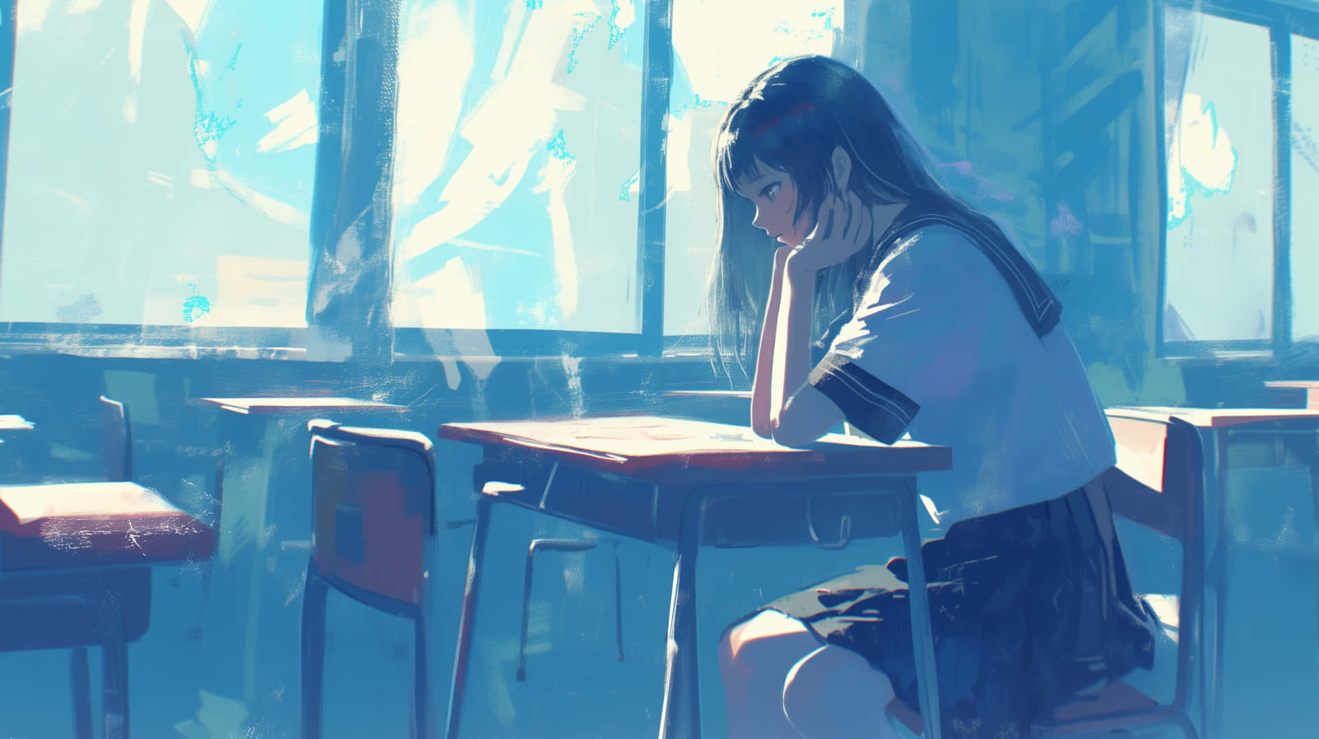 Contemplative Anime Girlin Classroom Wallpaper